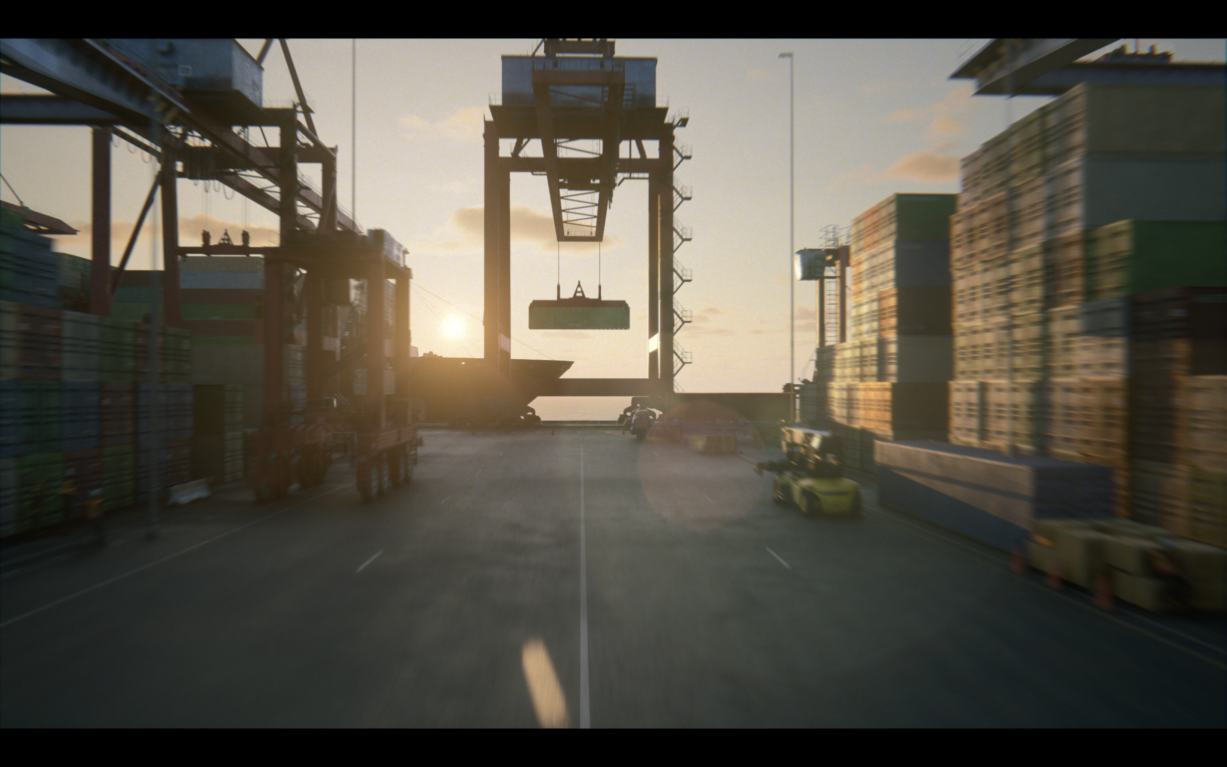 A shipping dock with stacked containers on the sides and a large crane lifting a container at sunset.