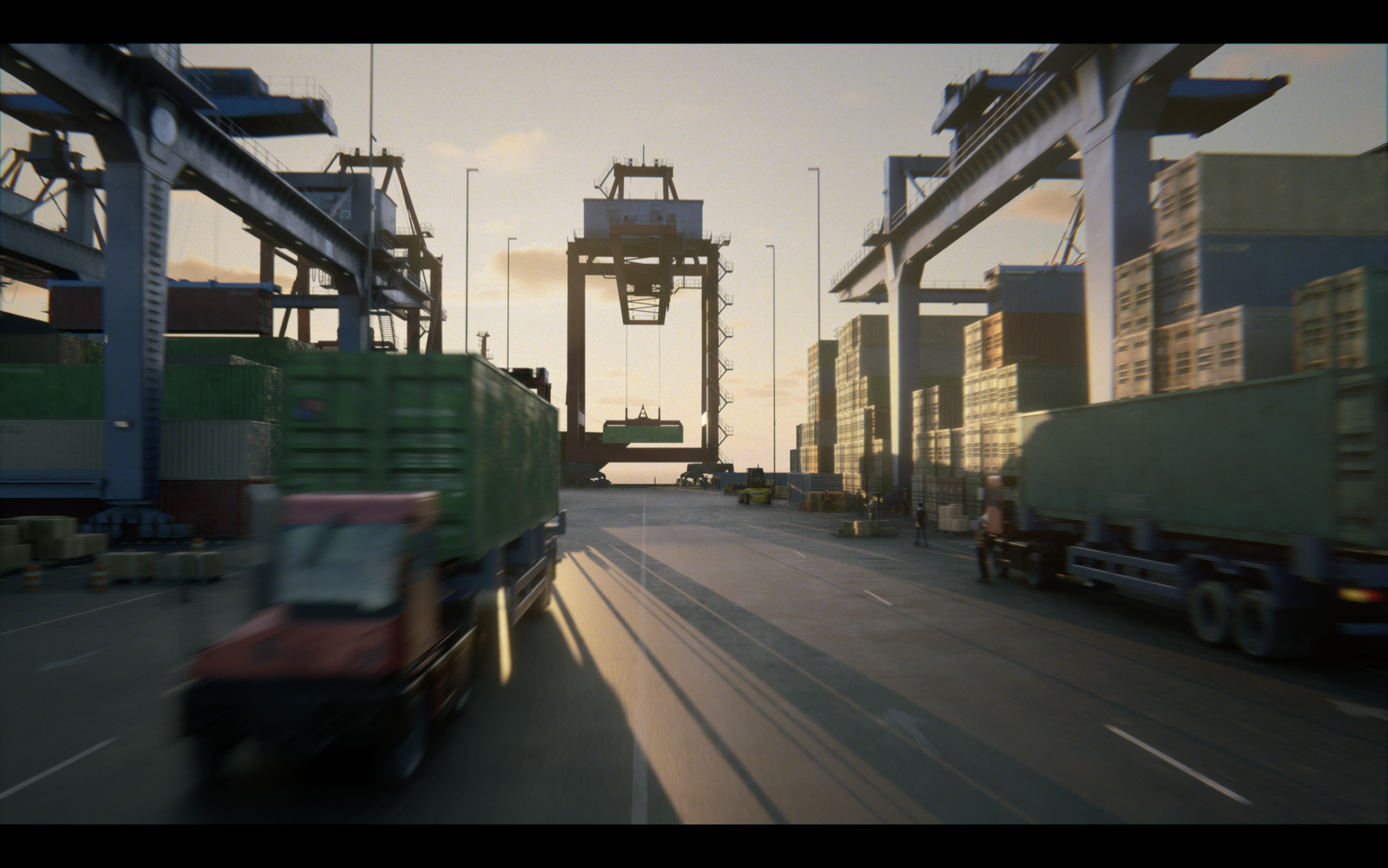 Cargo shipping port at sunset with trucks, containers, and gantry cranes.