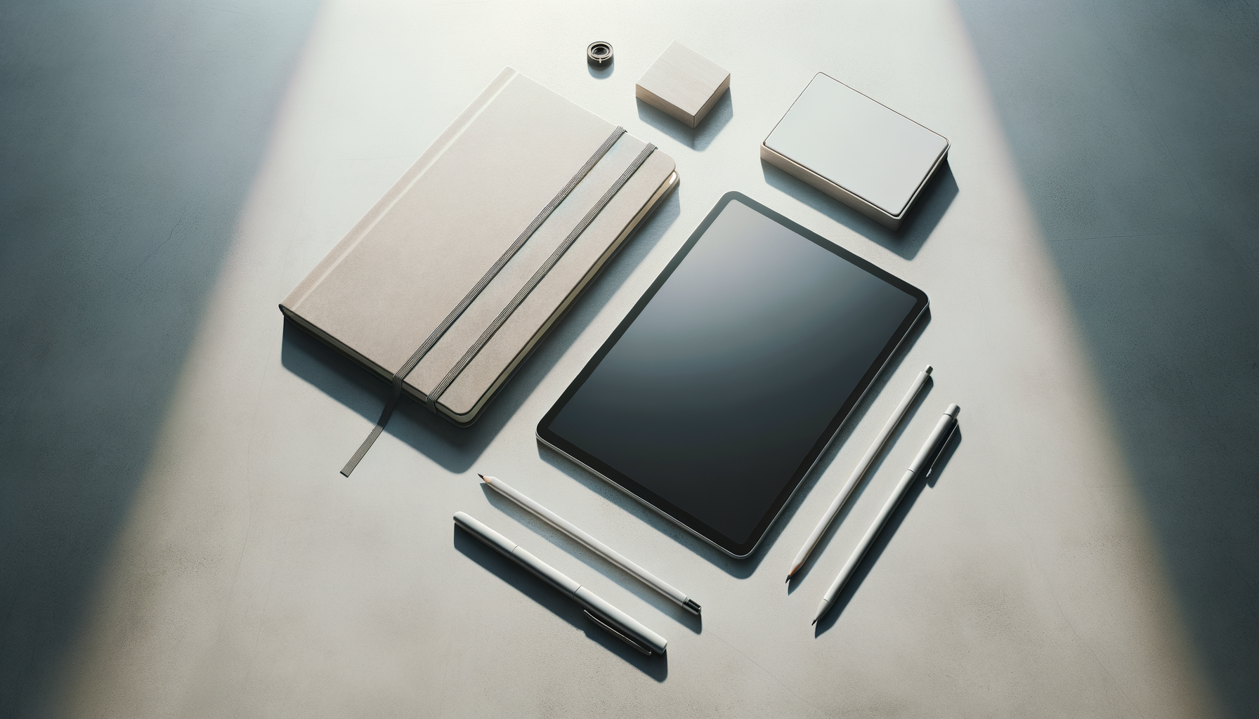 notebooks and pens laying on a table in neutral colors