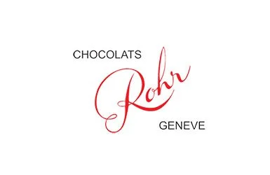 Logo with the text 'Chocolats Rühu Genève' in elegant red script.