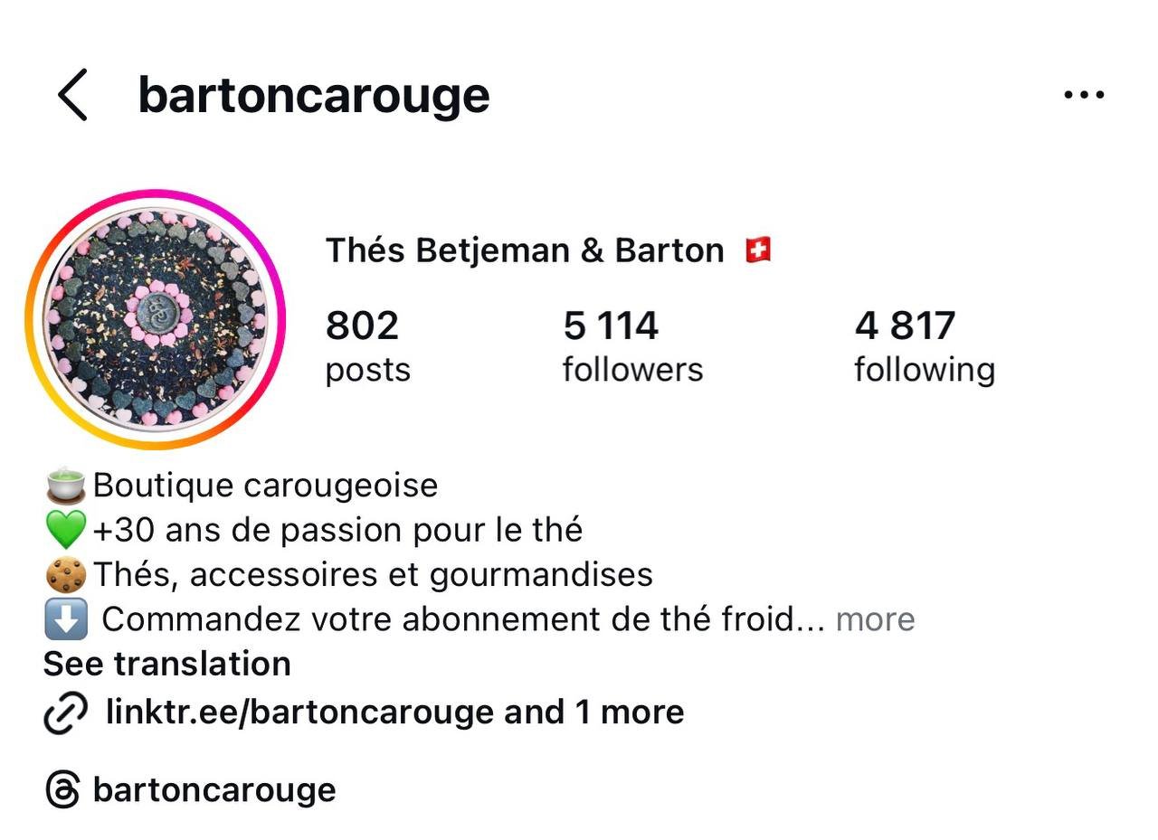 Instagram profile page for bartoncarouge, a boutique tea shop with a colorful circular logo, 802 posts, 5114 followers, and 4817 following, with description in French about tea and accessories.