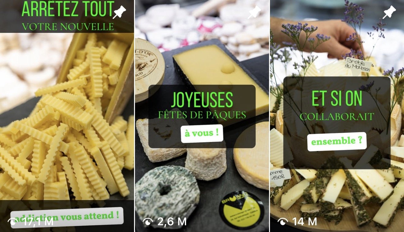 Three side-by-side images of cheese displays with French captions. The first shows yellow pasta-shaped cheese, the second features various types of cheese including a yellow one and a green mold cheese, and the third displays sliced white cheese with herbs. Green text overlays and small white text are present on each, promoting Easter greetings and collaboration.
