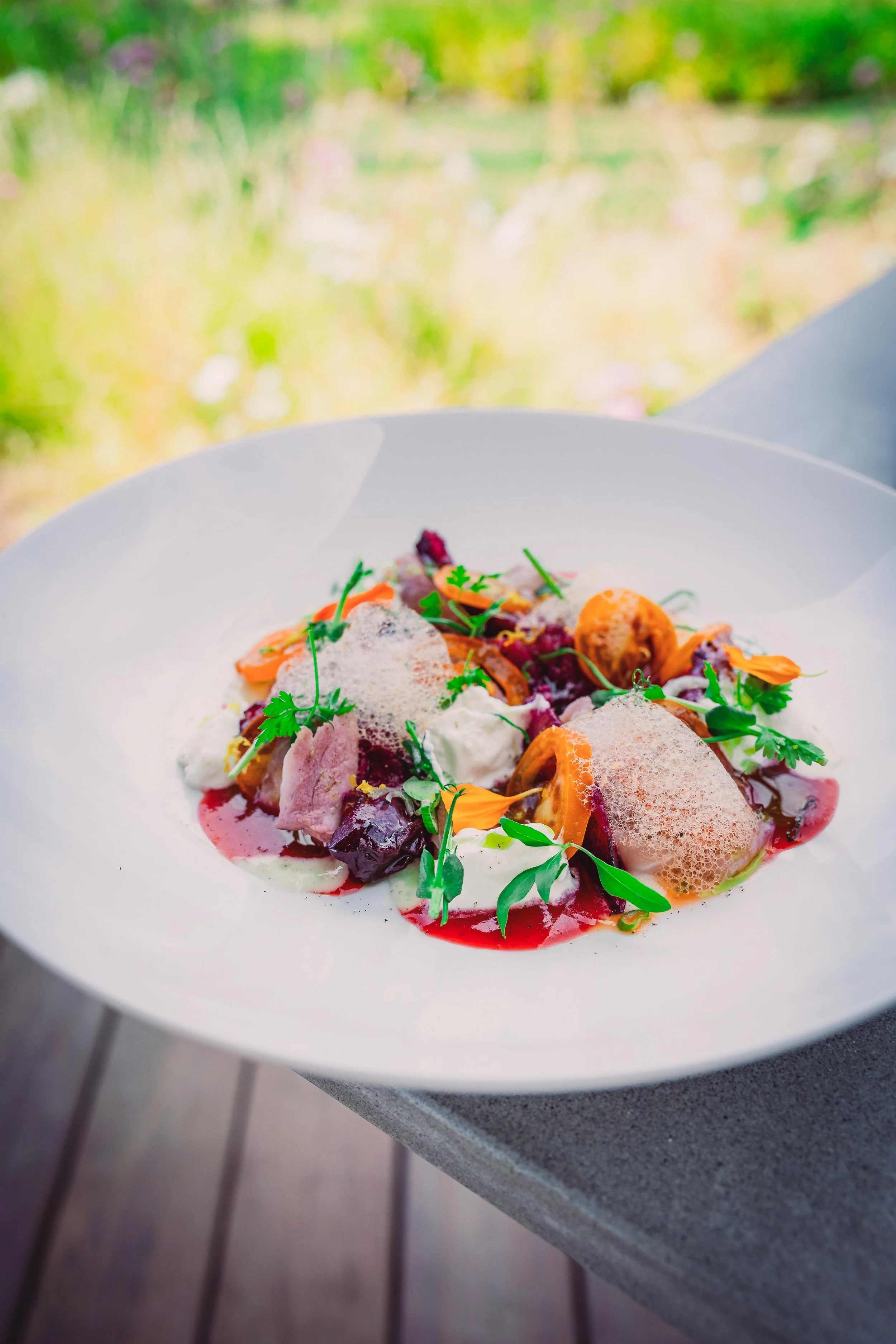 A white plate with a gourmet dish, including chunks of meat, vegetables, green herbs, and foam, served outdoors with a blurred garden background.