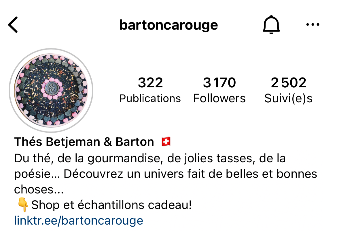 Instagram profile page for 'bartoncarouge,' featuring a circular profile picture with a textured, colorful design. The account has 322 posts, 3,170 followers, and follows 2,502 accounts. The bio mentions tea, treats, poetry, and a universe of beautiful things, with a link to a shop.