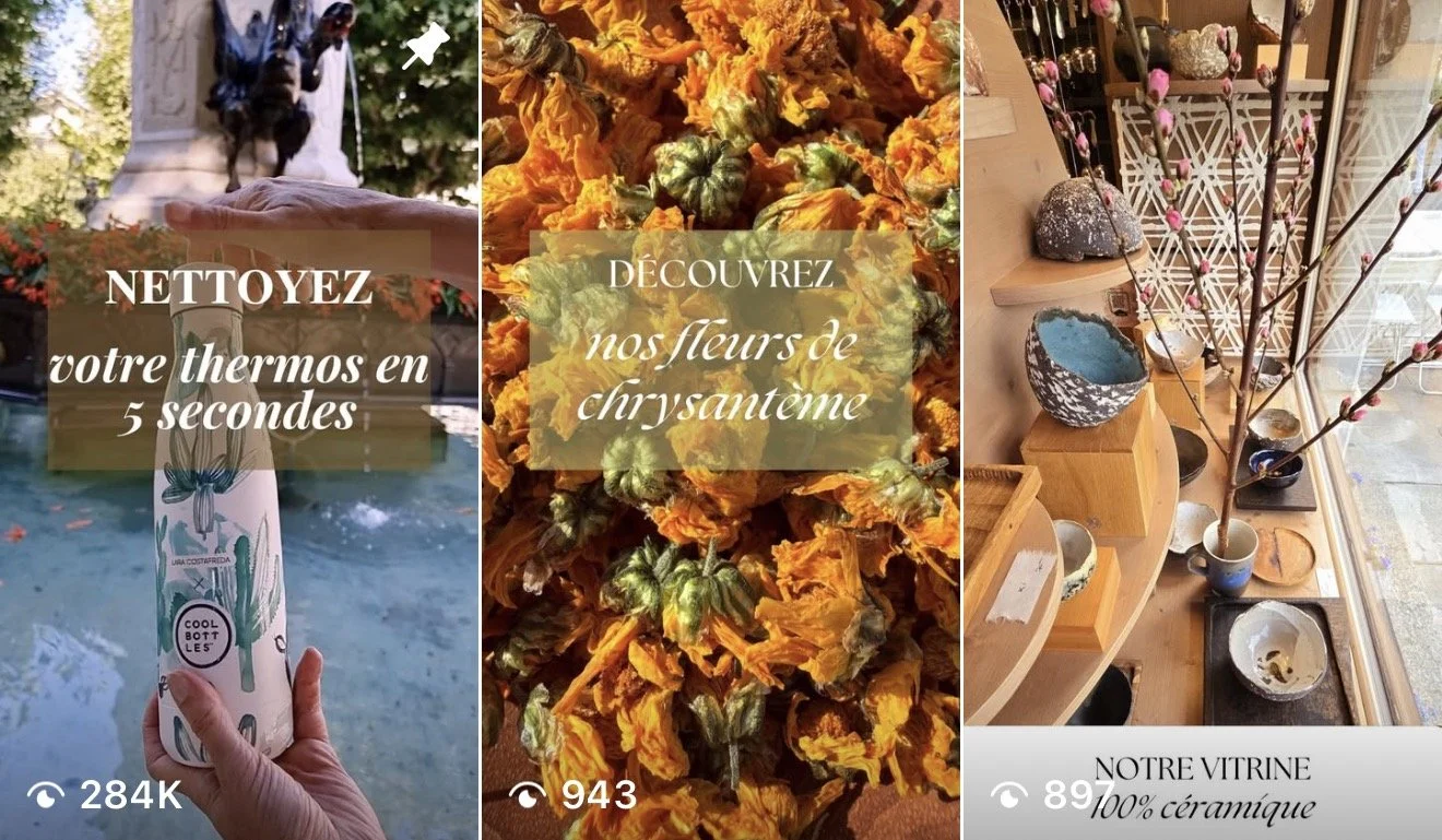 Three images with French text overlay. The first shows a person holding a reusable water bottle outside near a statue, with the text "Nettoyez votre thermos en 5 secondes". The second image displays a close-up of dried chrysanthemum flowers, with the text "Découvrez nos fleurs de chrysanthème". The third image features a display of ceramics and pottery in a store window, with the text "Notre vitrine 100% ceramique".
