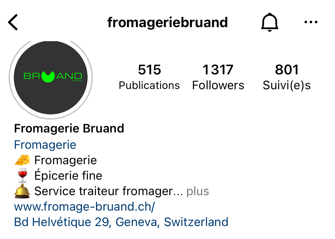 Business profile page for Fromagerie Bruand, a cheese shop located at 29 Bd Helvétique, Geneva, Switzerland, showing logo, followers, publications, and a brief description in French.