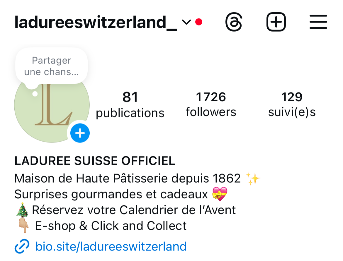 Instagram profile page for ladureeswitzerland_ with 81 publications, 1726 followers, and 129 followings, featuring Laduree Suisse Officel, a bakery established in 1862, promoting holiday treats, gifts, and an e-shop.