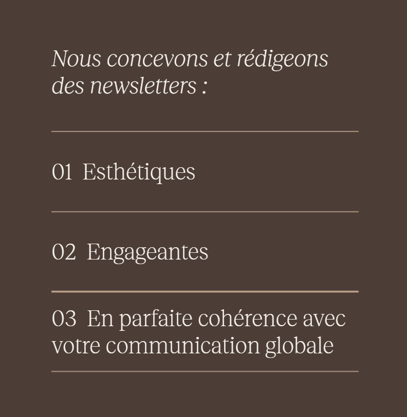Text on a brown background that reads: "We design and write newsletters: 01 Aesthetics 02 Engaging 03 In perfect harmony with your overall communication"