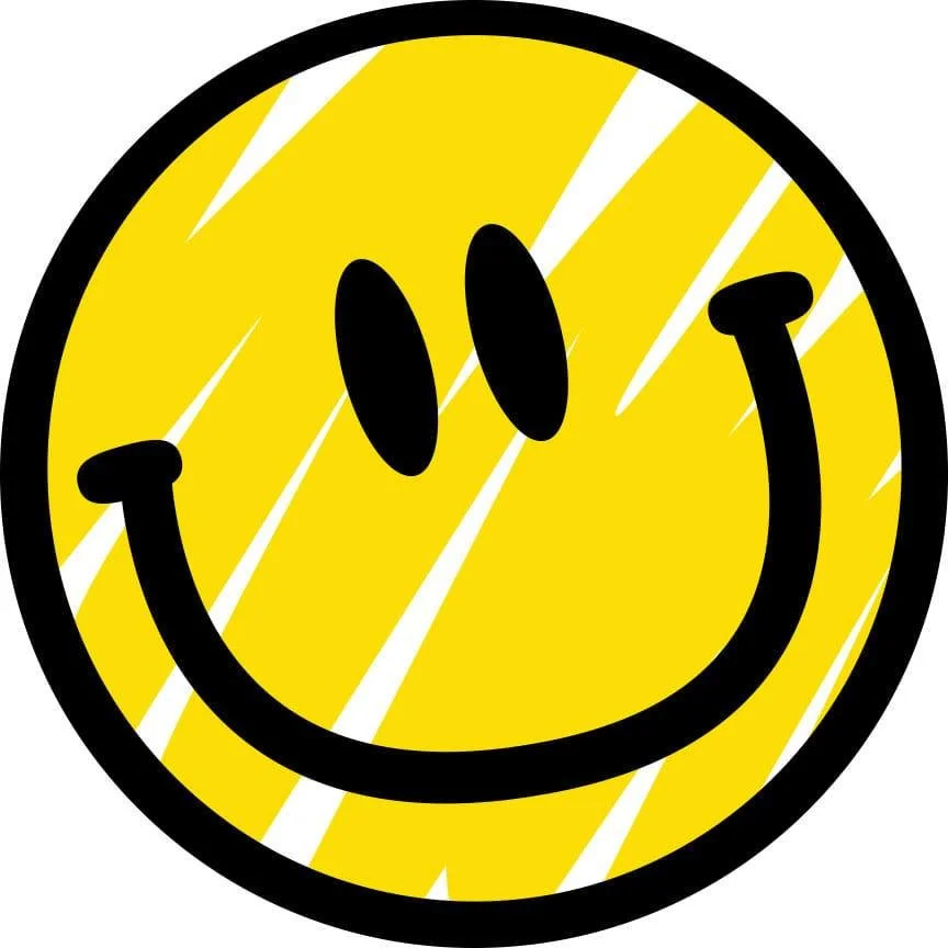 Yellow smiley face with black eyes and a big black smile, with diagonal white lines across the face
