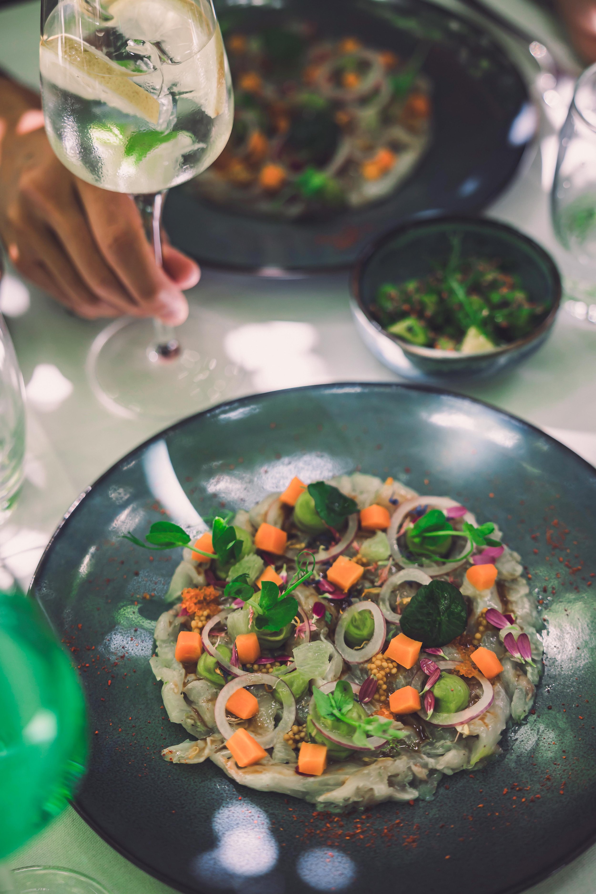 A chef prepares a dish with various vegetables on a dark plate, including sliced cucumbers, carrots, and greens, with other plates and a hand holding a glass of beverage in the background.