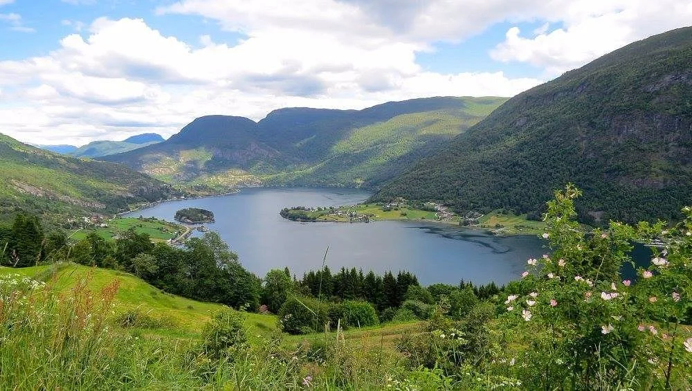 Scenic view of Barsnes fjord surrounded by green hills and forest, with a cloudy sky overhead.