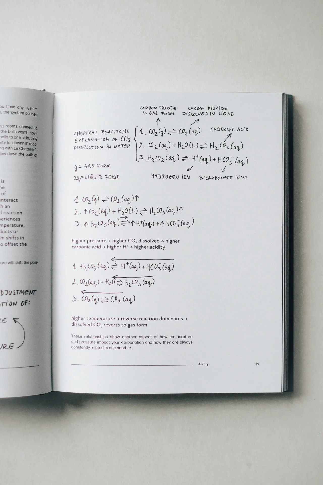 Notes on the chemical reactions and explanation of carbon dioxide in gas and liquid forms, including formation of carbonic acid, hydration, and dissociation processes.