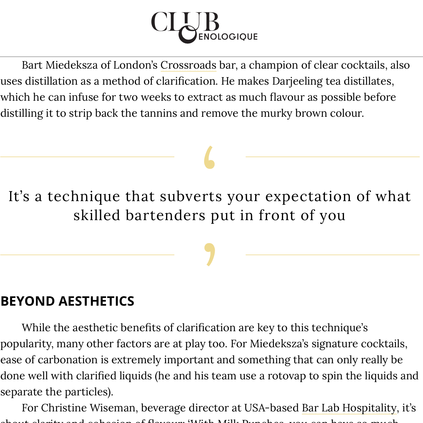 Page from a publication discussing bartenders' techniques, featuring text and quotes, with the logo of Club Enologique at the top.