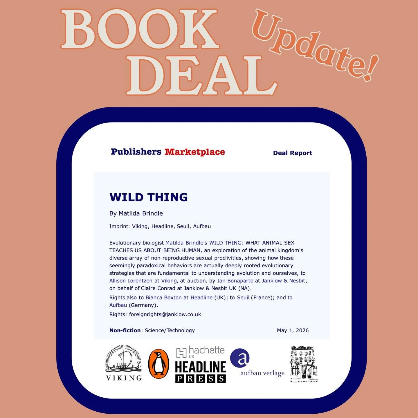 Aaaaand the cat&rsquo;s out of the bag!

Totally delighted that @vikingbooks @penguinrandomhouse will be bringing WILD THING across the pond to North America, edited by the wonderful Allison Lorentzen 🇺🇸🇨🇦!

With translation rights to @aufbau_ver