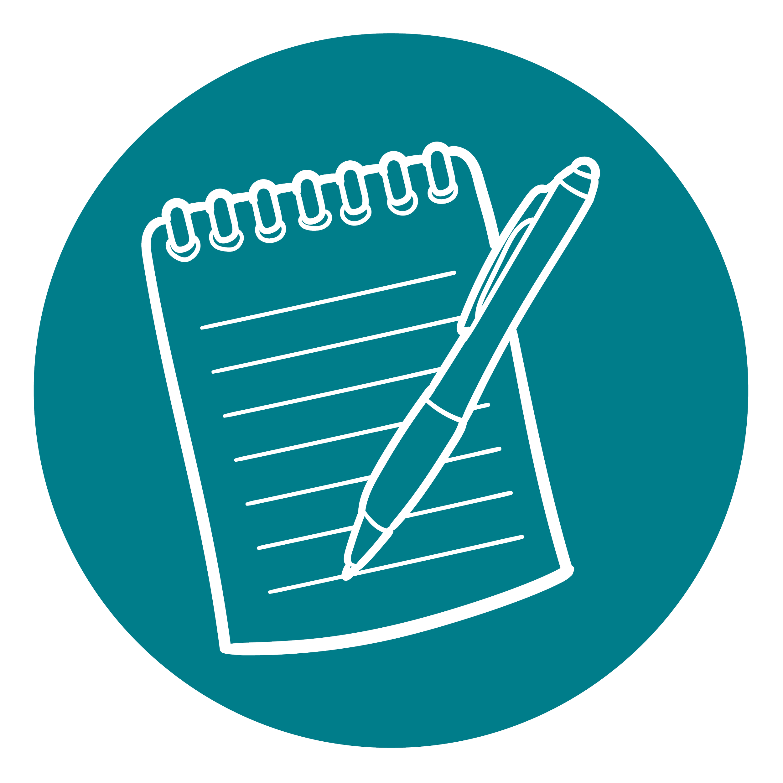 Skizze eines Notizblocks mit einem Stift und Tasten auf einem blauen Hintergrund.