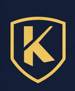 Gold letter K inside a shield on a dark background.
