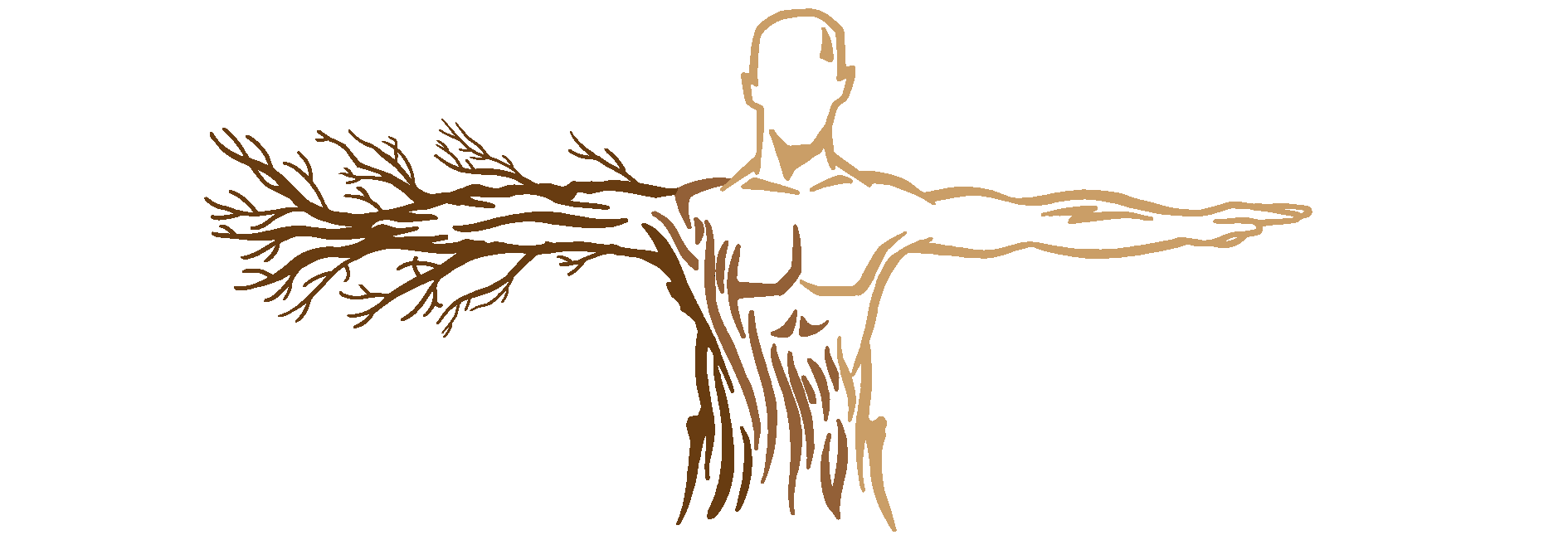 Outline illustration of a man with arms outstretched, with tree branches extending from his left side, blending human form with natural elements.