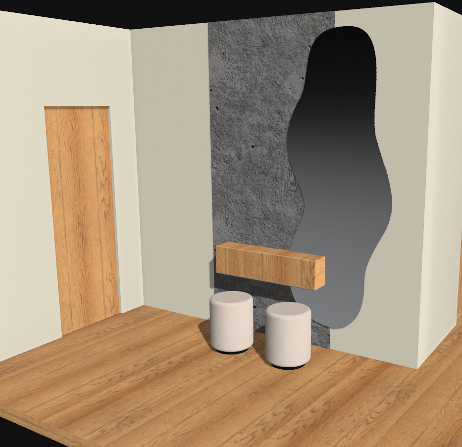 3D visualisation of the Monolith bespoke mirror, floating oak shelf and textured wall feature by BCreative Bespoke