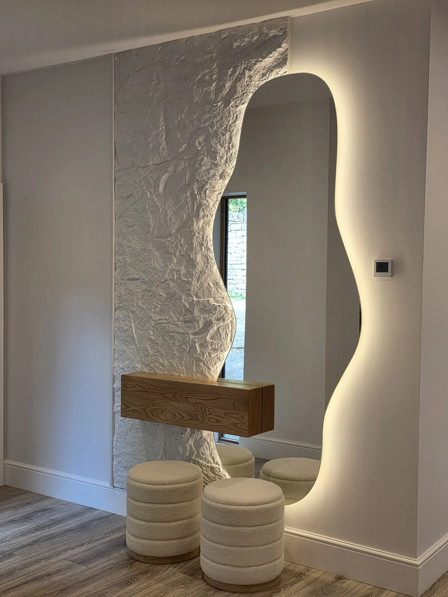 Monolith bespoke sculptural mirror with floating oak shelf and textured wall feature by BCreative Bespoke