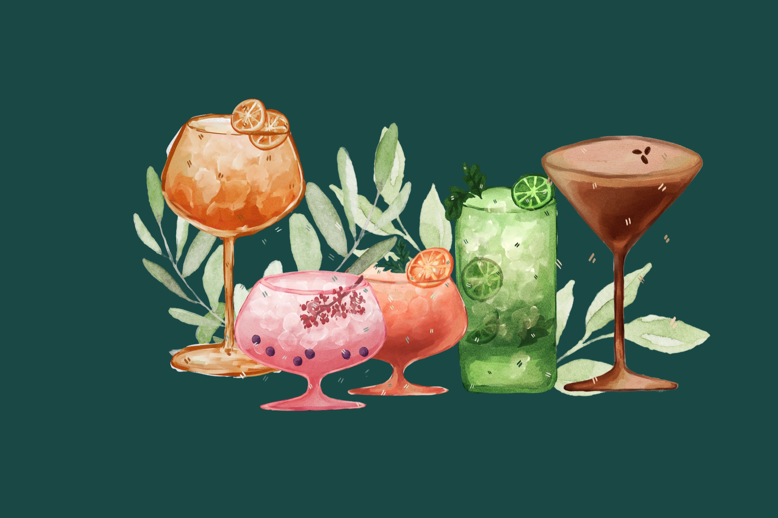 Fargerike cocktailer og drinker med sitrusfrukter, omgitt av grønne blader på en mørk bakgrunn.