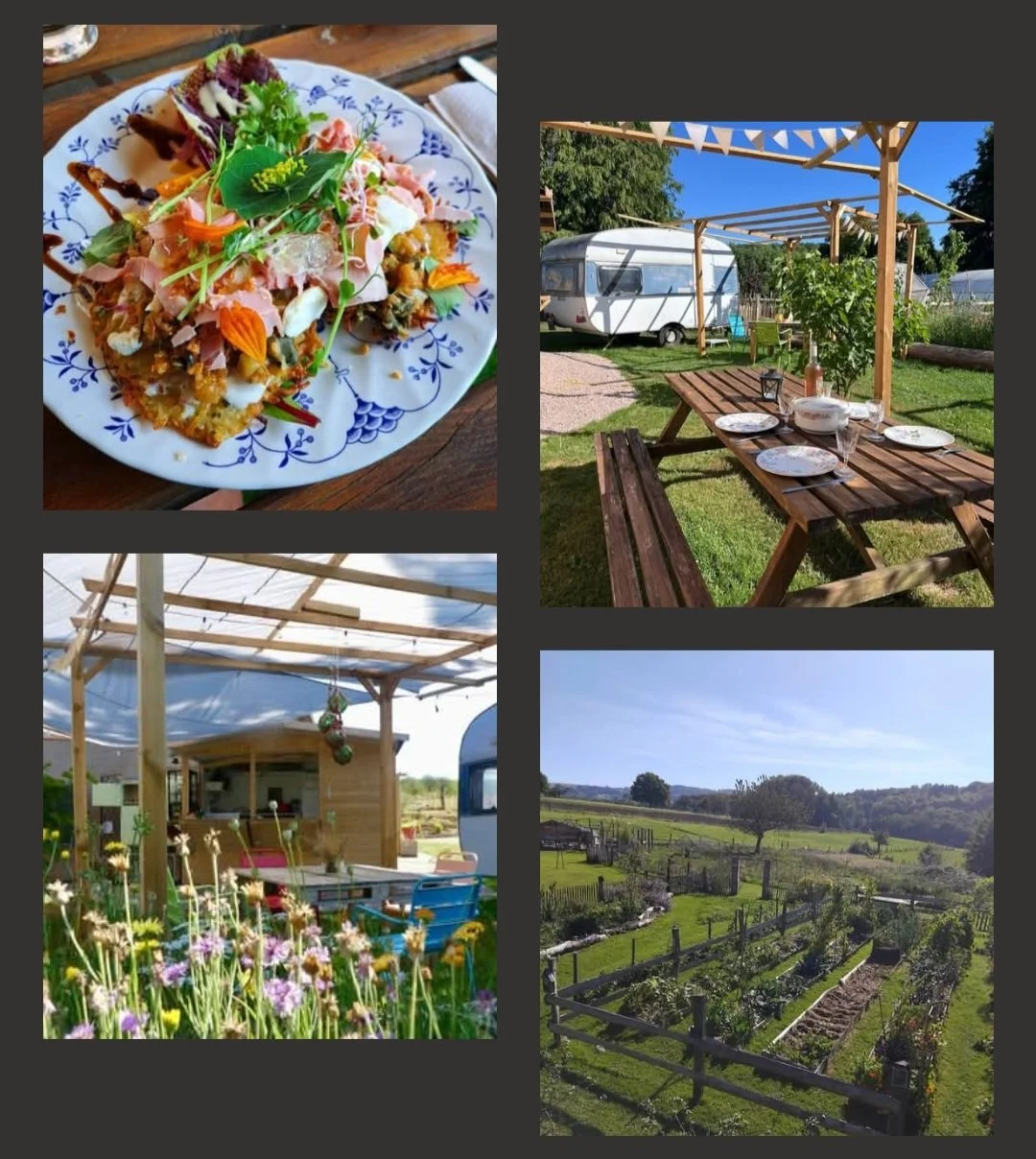 Un repas garni sur une assiette, une scène extérieure avec une table à manger en bois sous un auvent, un espace avec des fleurs et un caravaning, et un jardin avec des plantations.