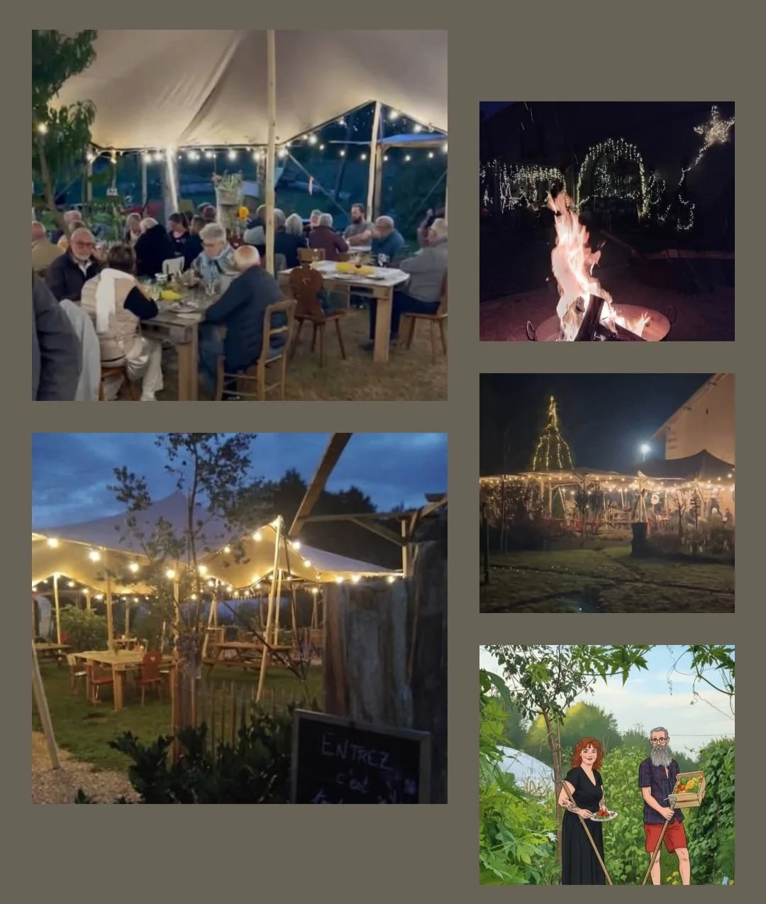 Une soirée de fête en extérieur avec des lumières décoratives, un feu de camp, un chapiteau éclairé, et deux personnes récoltant des légumes dans un jardin.