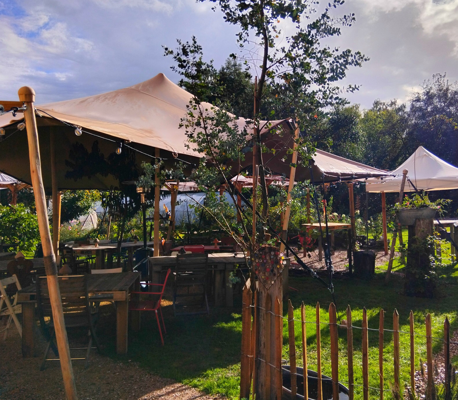 Terrasse extérieure avec des tables et des parasols en tissu, entourée de végétation et de petites planches en bois, sous un ciel partiellement nuageux.