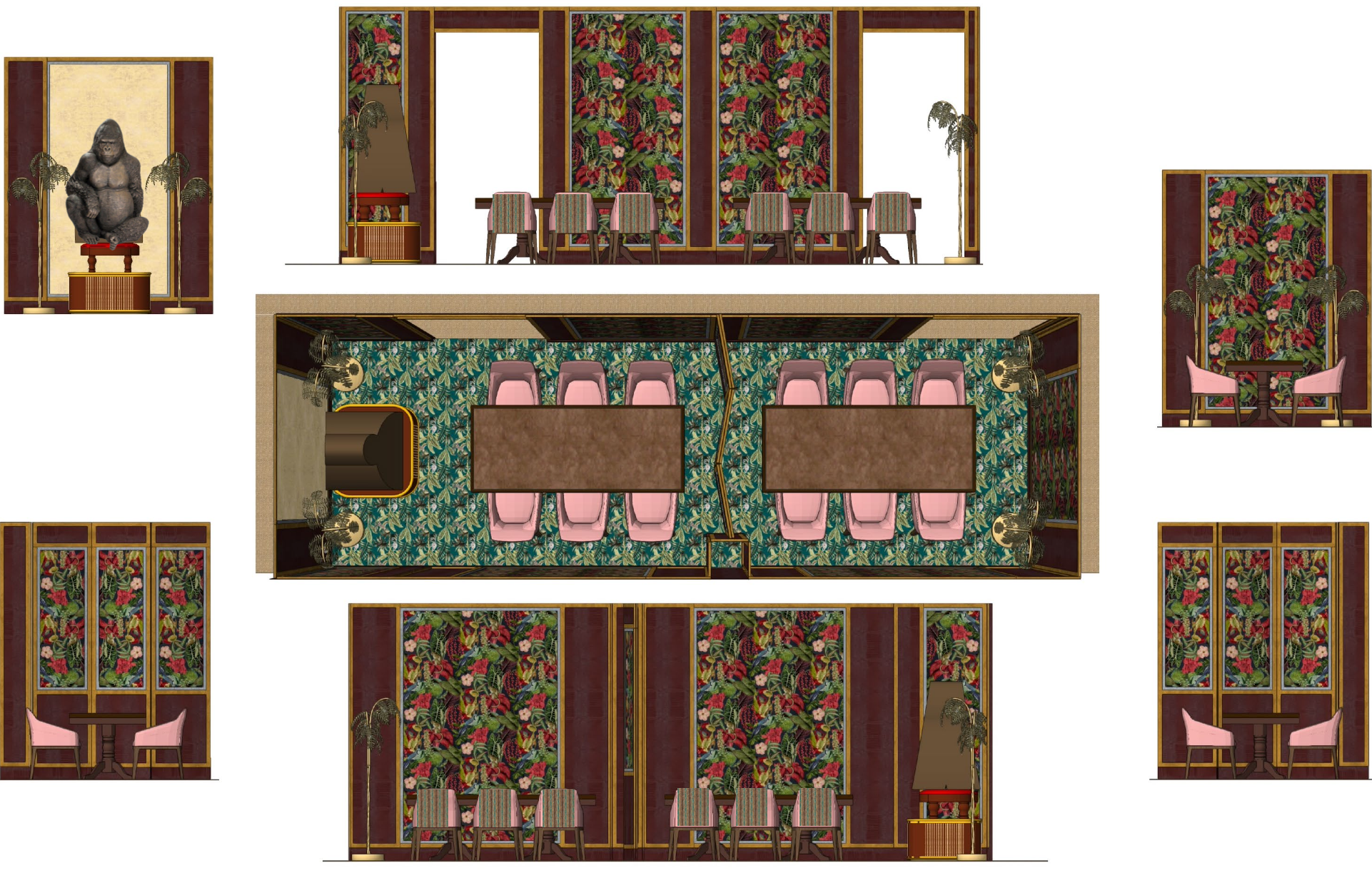 Top view of a large conference room with a central table and pink chairs, surrounded by smaller rooms with floral wallpaper, tables, and pink chairs, and decorative elements like statues and lamps.