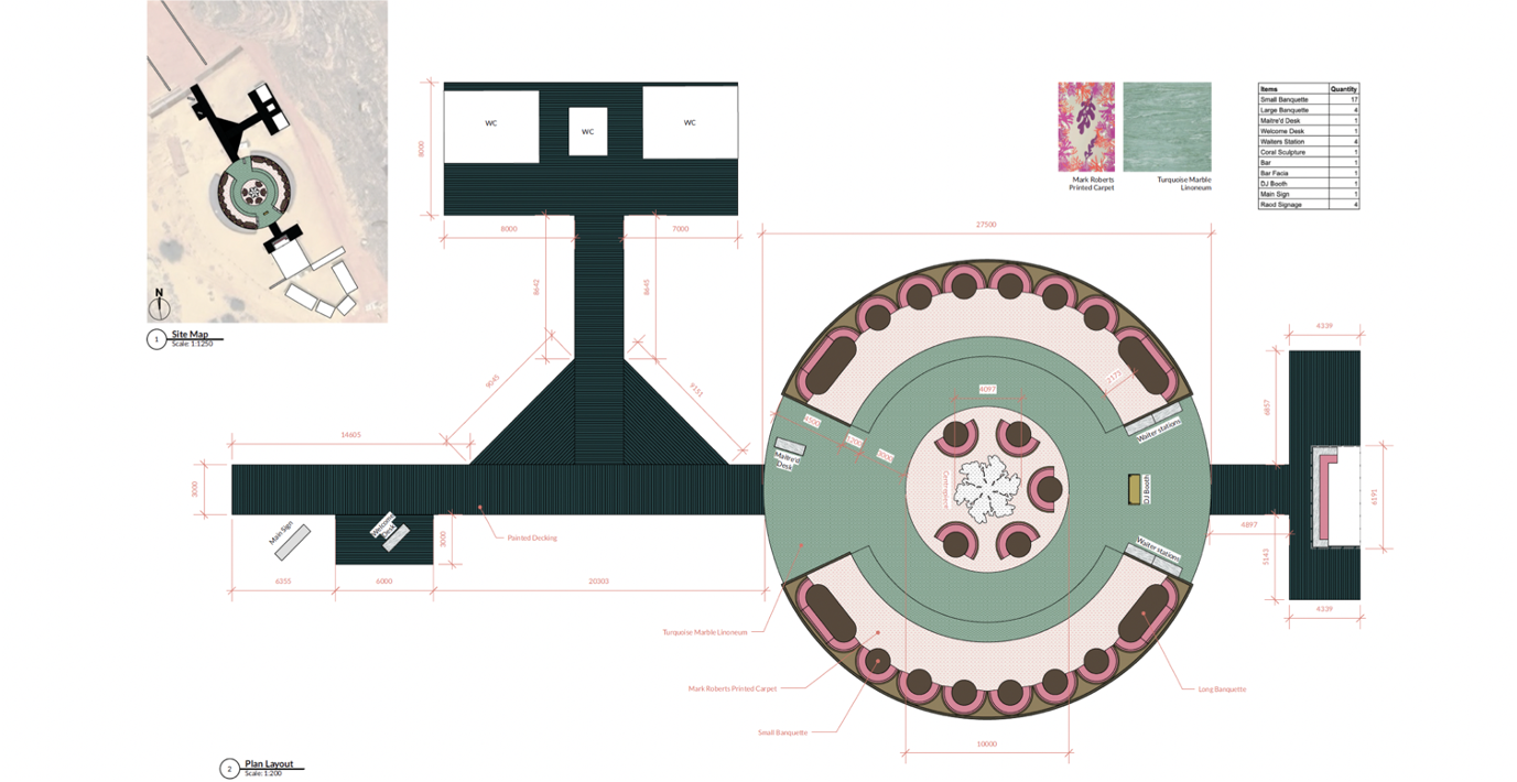 A detailed site plan of an architectural or landscape design project, including layout dimensions, seating arrangements, pathways, and various labeled features such as WC, water stations, and benches.
