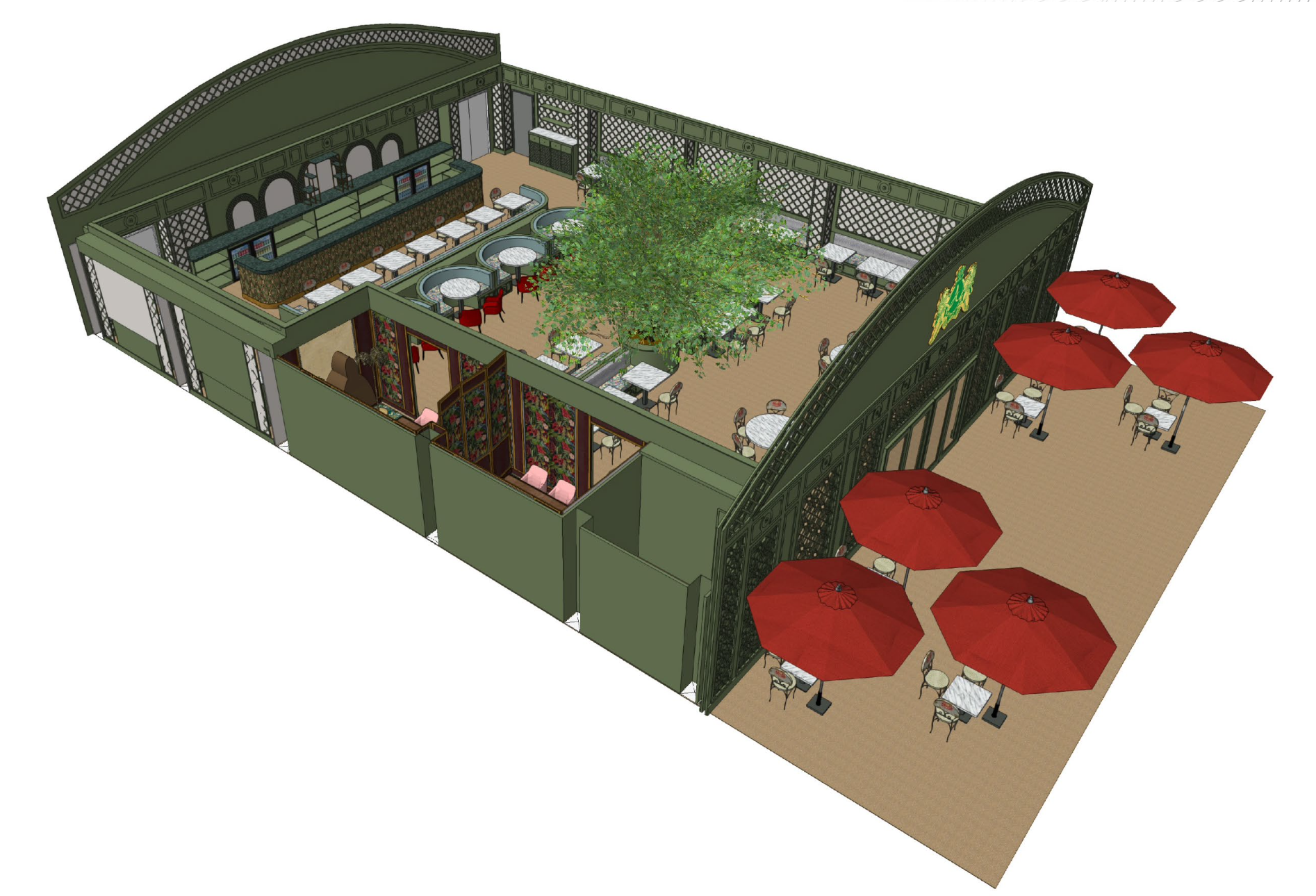 3D rendering of a restaurant layout, featuring an indoor dining area with tables and chairs, a large central tree, a bar counter, and an outdoor patio with red umbrellas and seating.