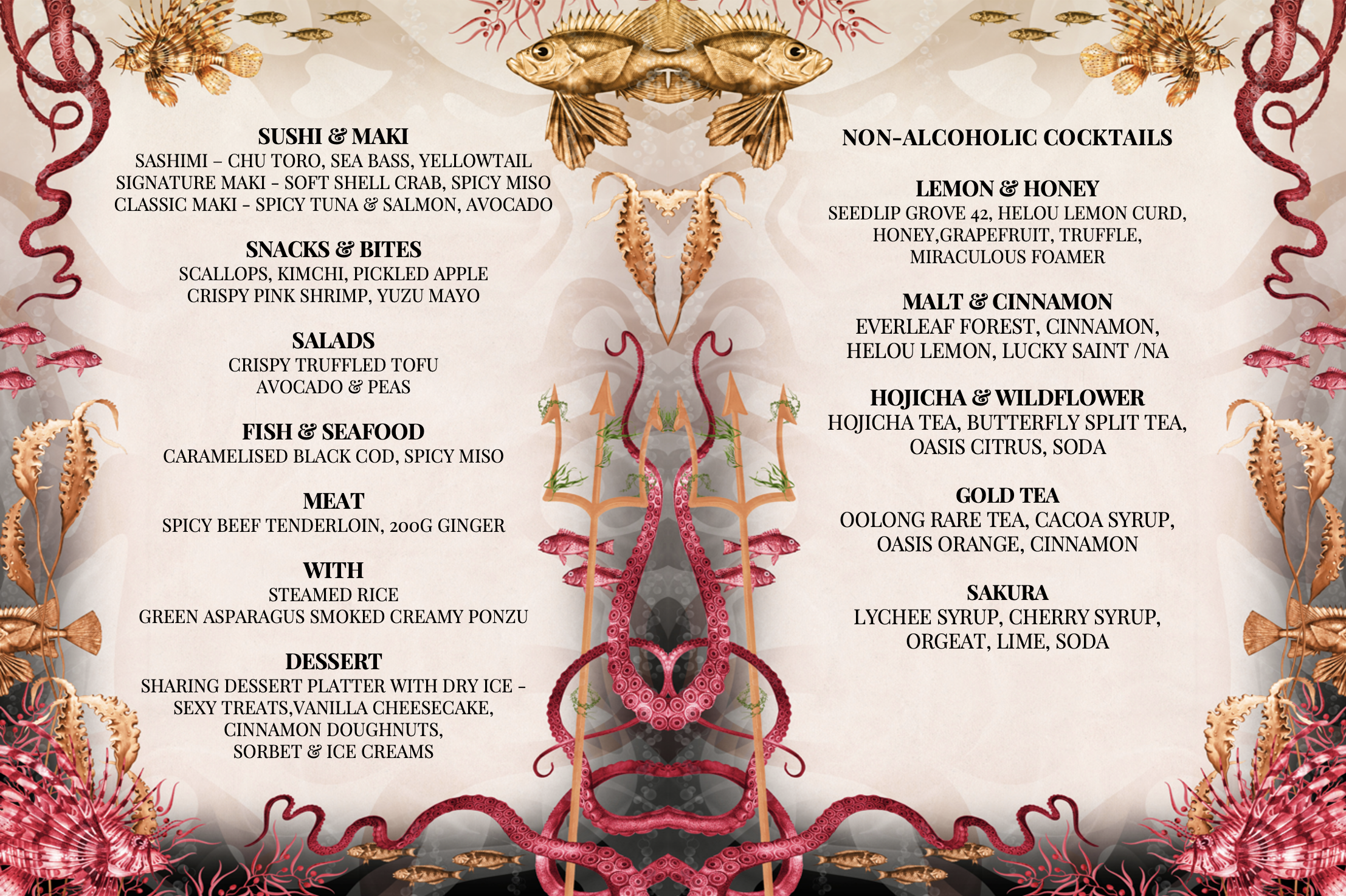 Restaurant menu featuring sushi and seafood, snacks and bites, salads, non-alcoholic cocktails, and desserts with an ocean-themed background including fish, octopus, and coral illustrations.