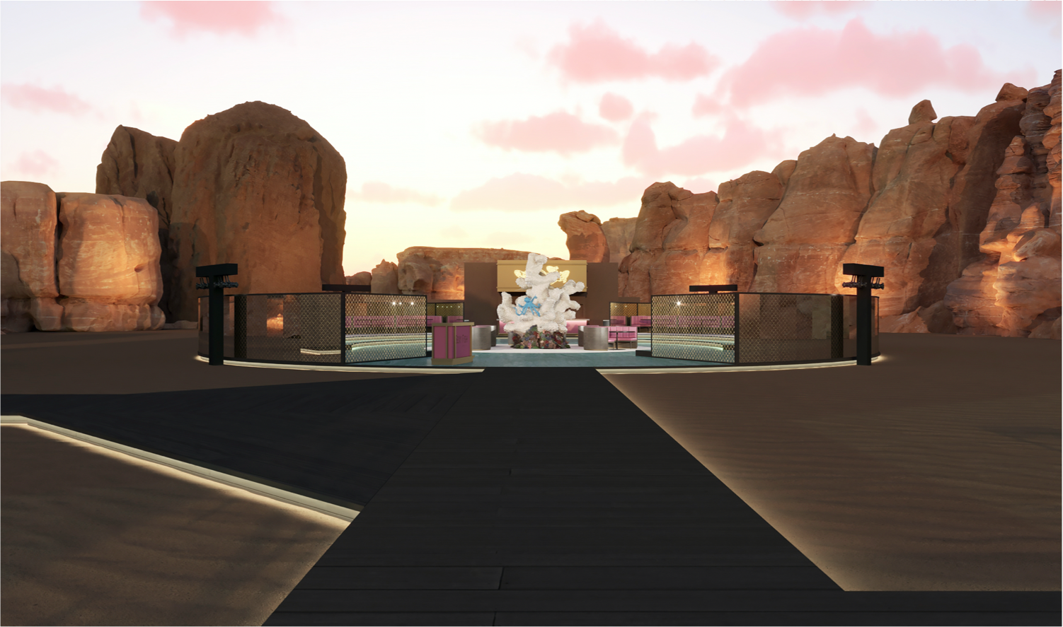 A virtual rendering of a modern outdoor space with pink chairs, a coral sculpture, and rocky canyon walls in the background at sunset.