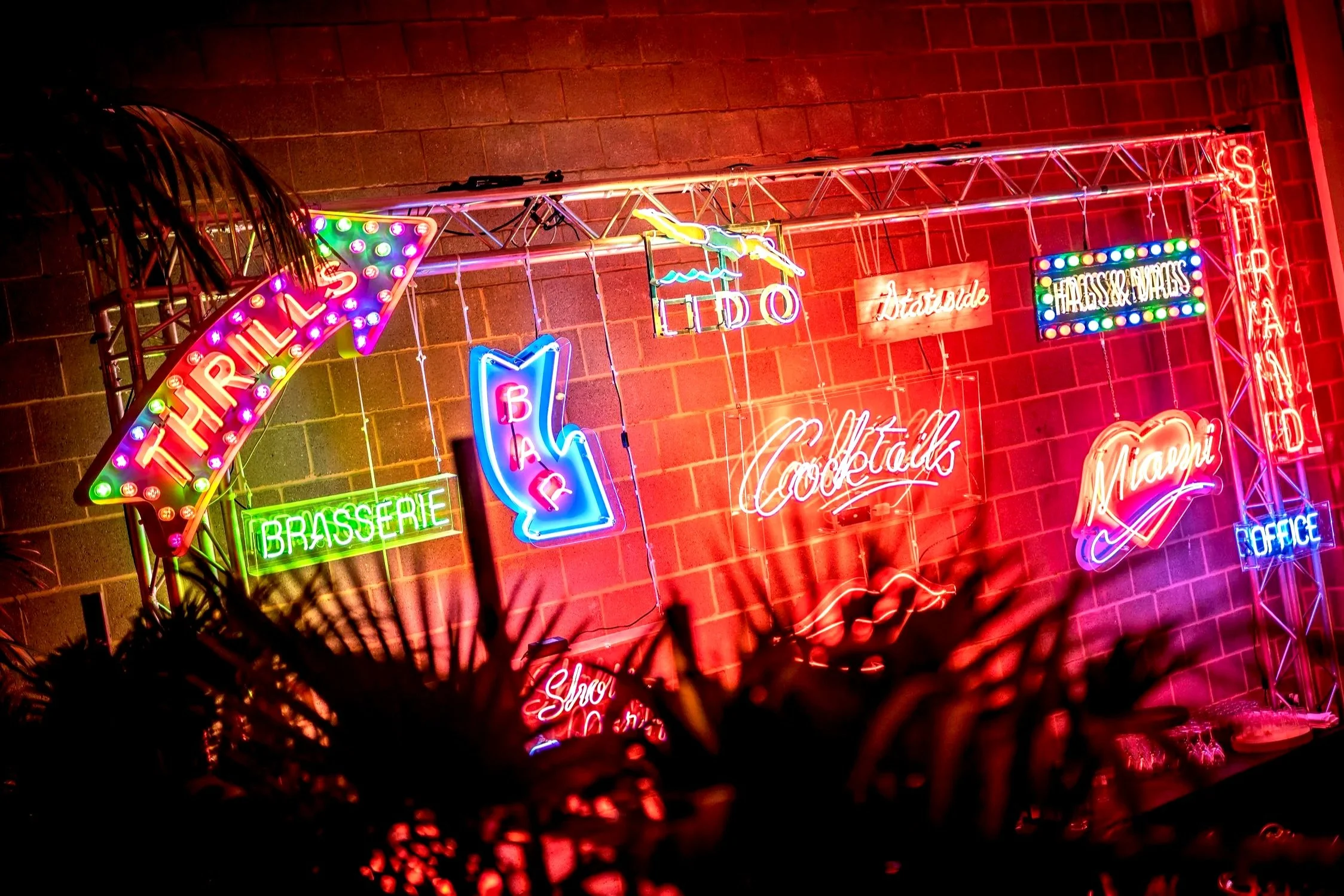 Colorful neon signs on a brick wall advertising a brasserie, cocktails, seafood, and a martini, with some tropical plants in the foreground.