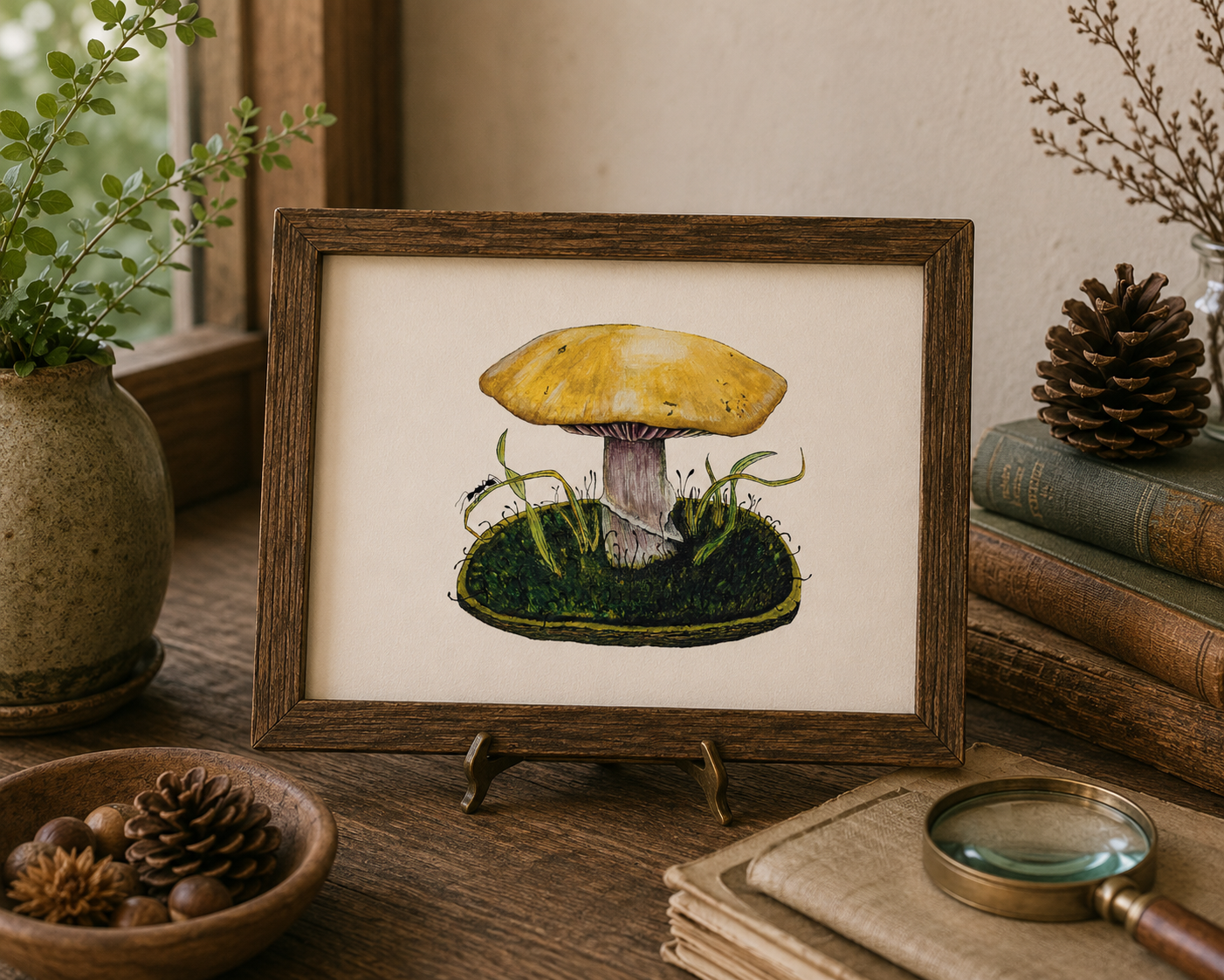 Mushroom & Ant Watercolor Nature Illustration | 8x10 Fine Art Archival Print