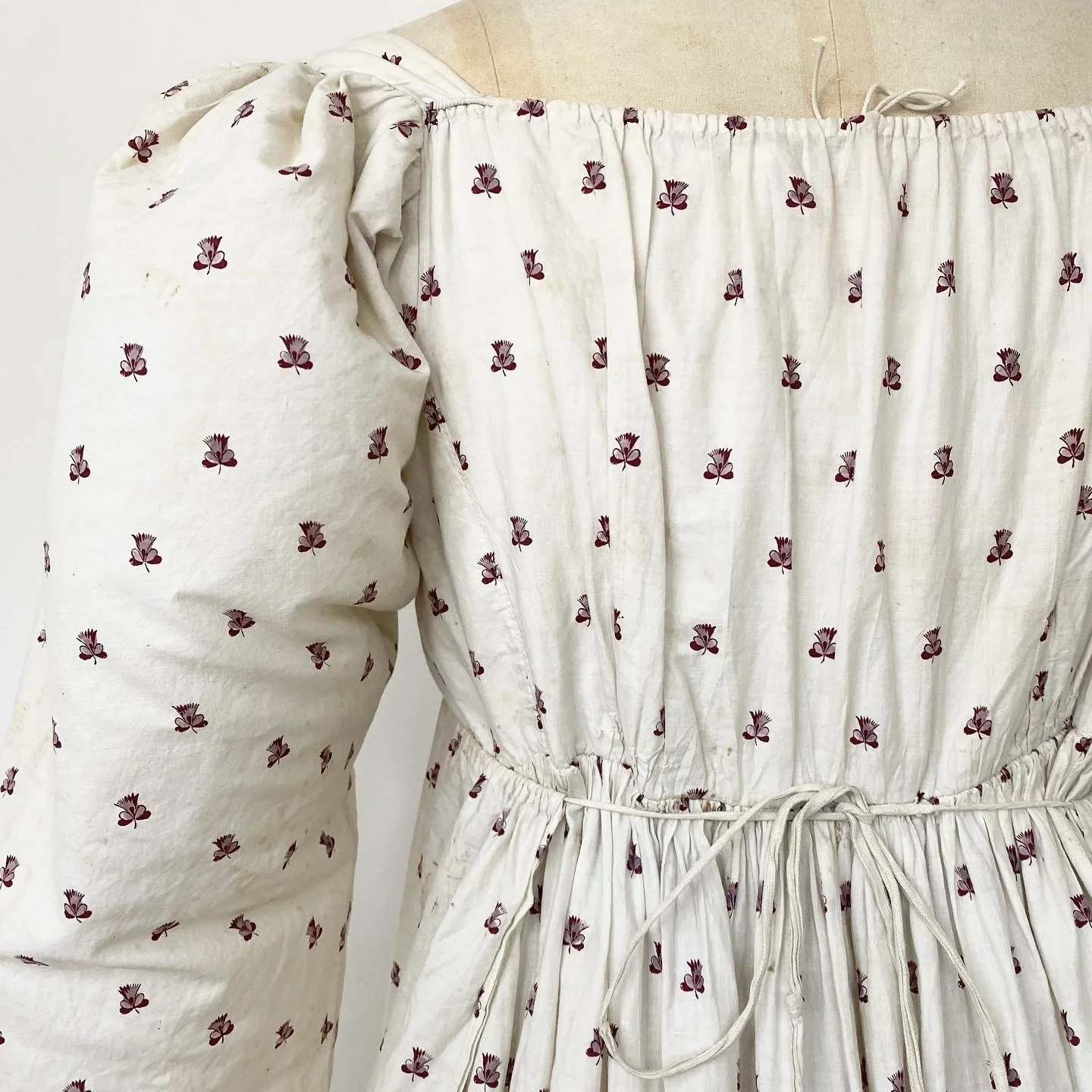 Block printed bib front gown circa 1810 