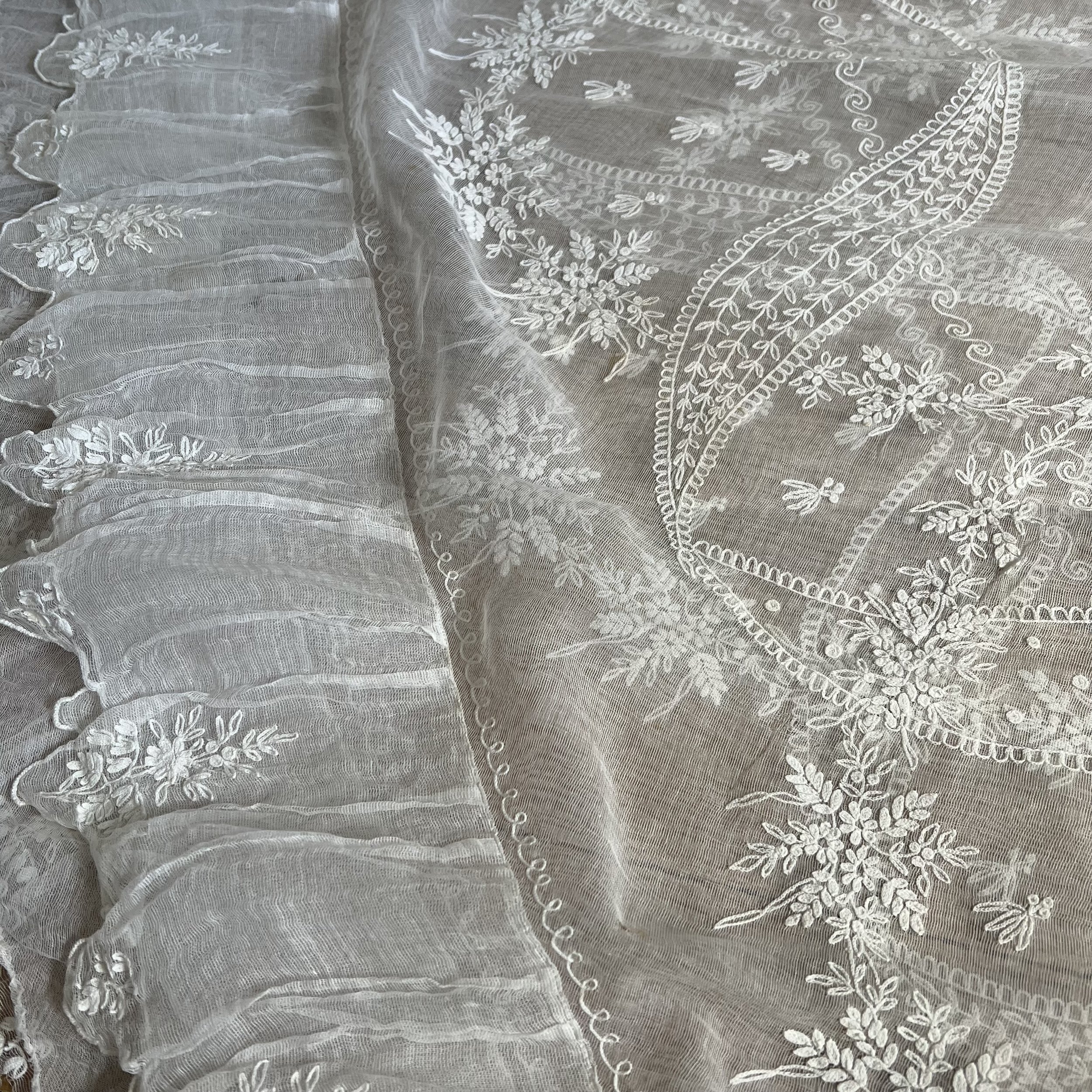 Detail, tambour muslin ball gown 1860s 