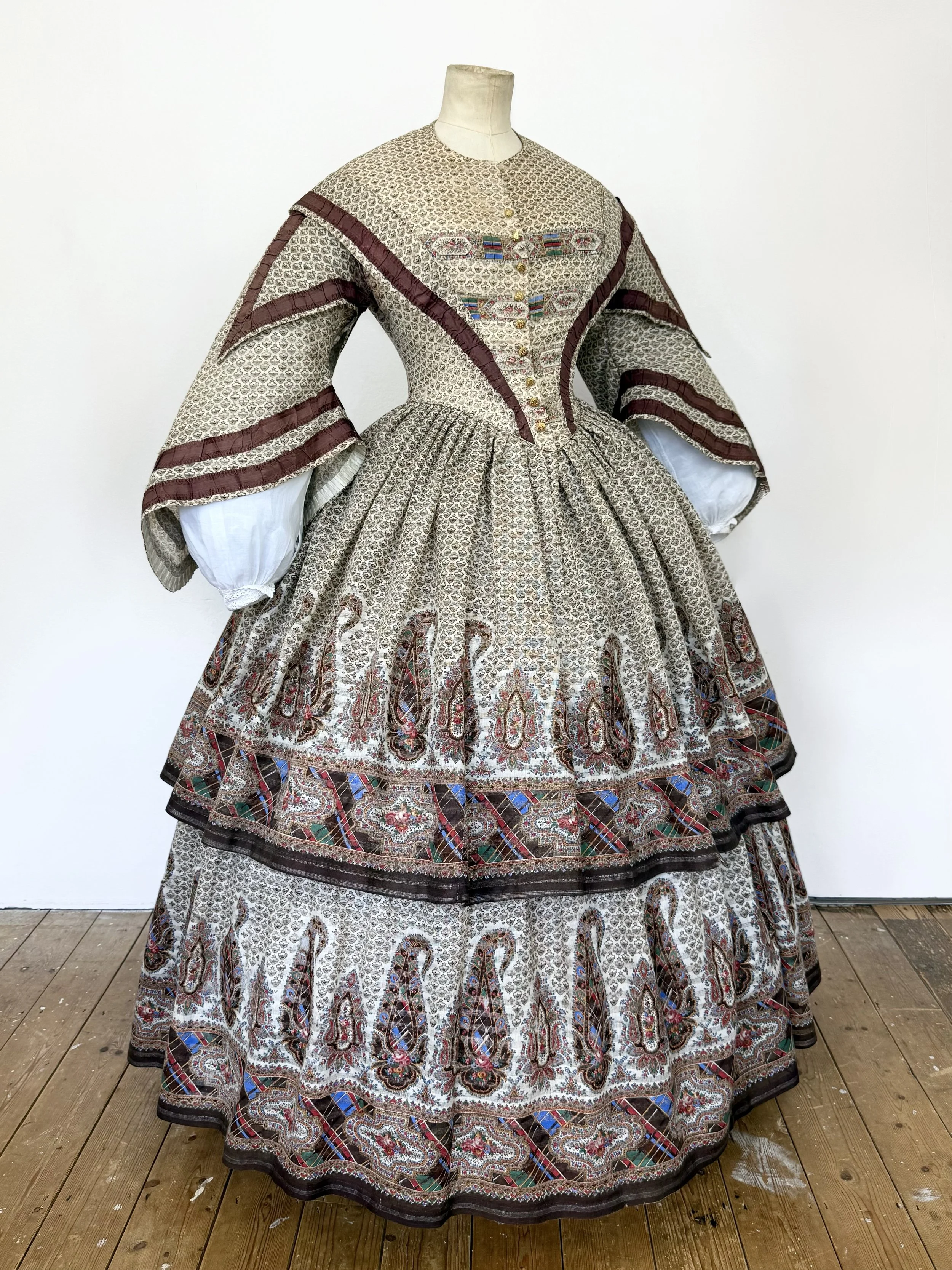 Antique 1850s Printed Wool Dress