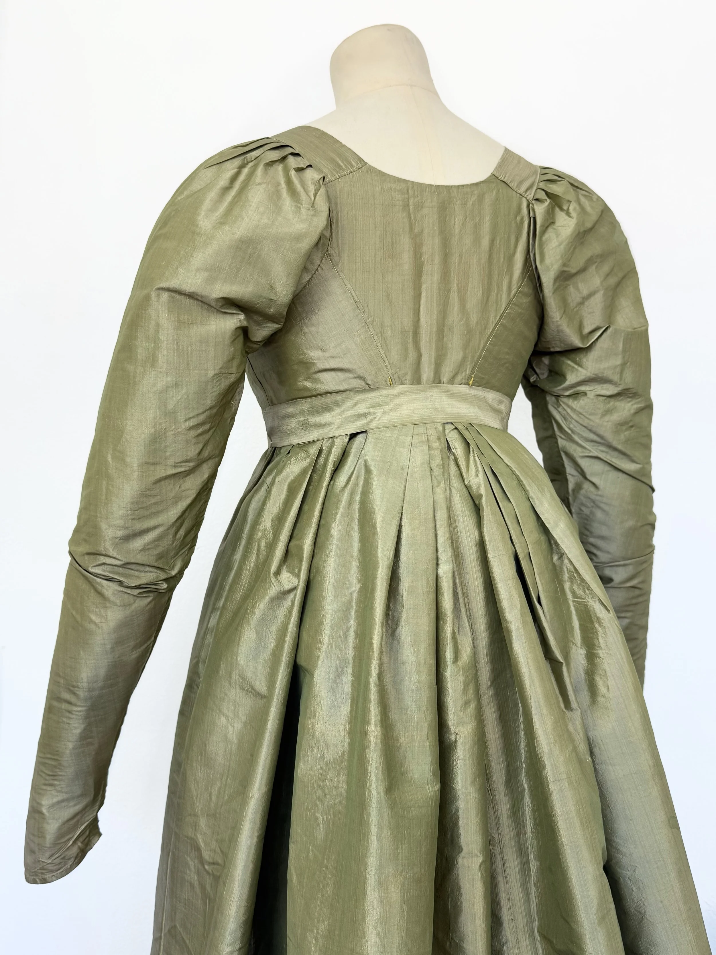Silk bib front gown, circa 1810 