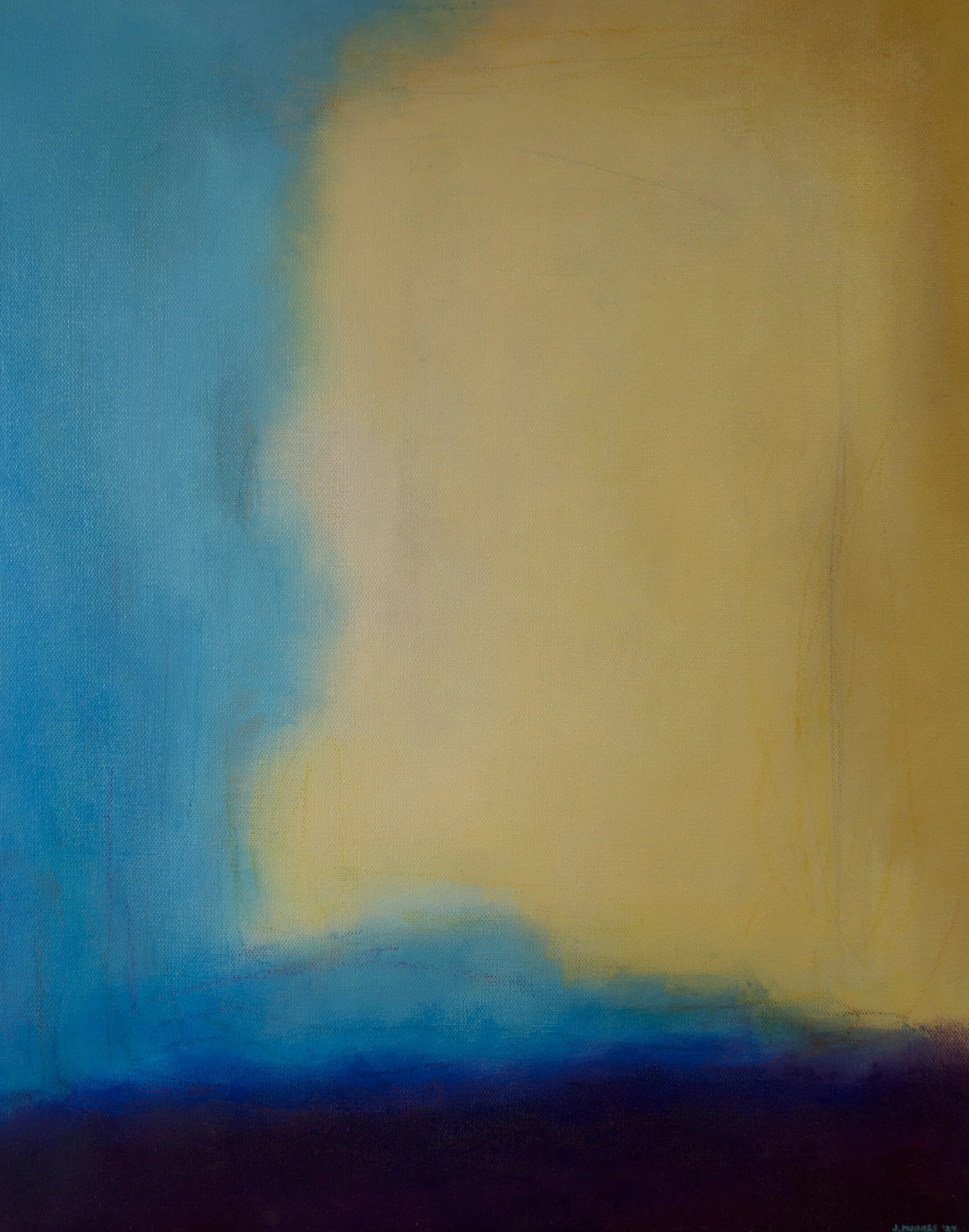 "Evening Glow" — original abstract painting by Jennifer Morris with a bold golden-yellow field meeting vivid turquoise-teal, anchored by a dark navy and plum horizon line, evoking a radiant sunset