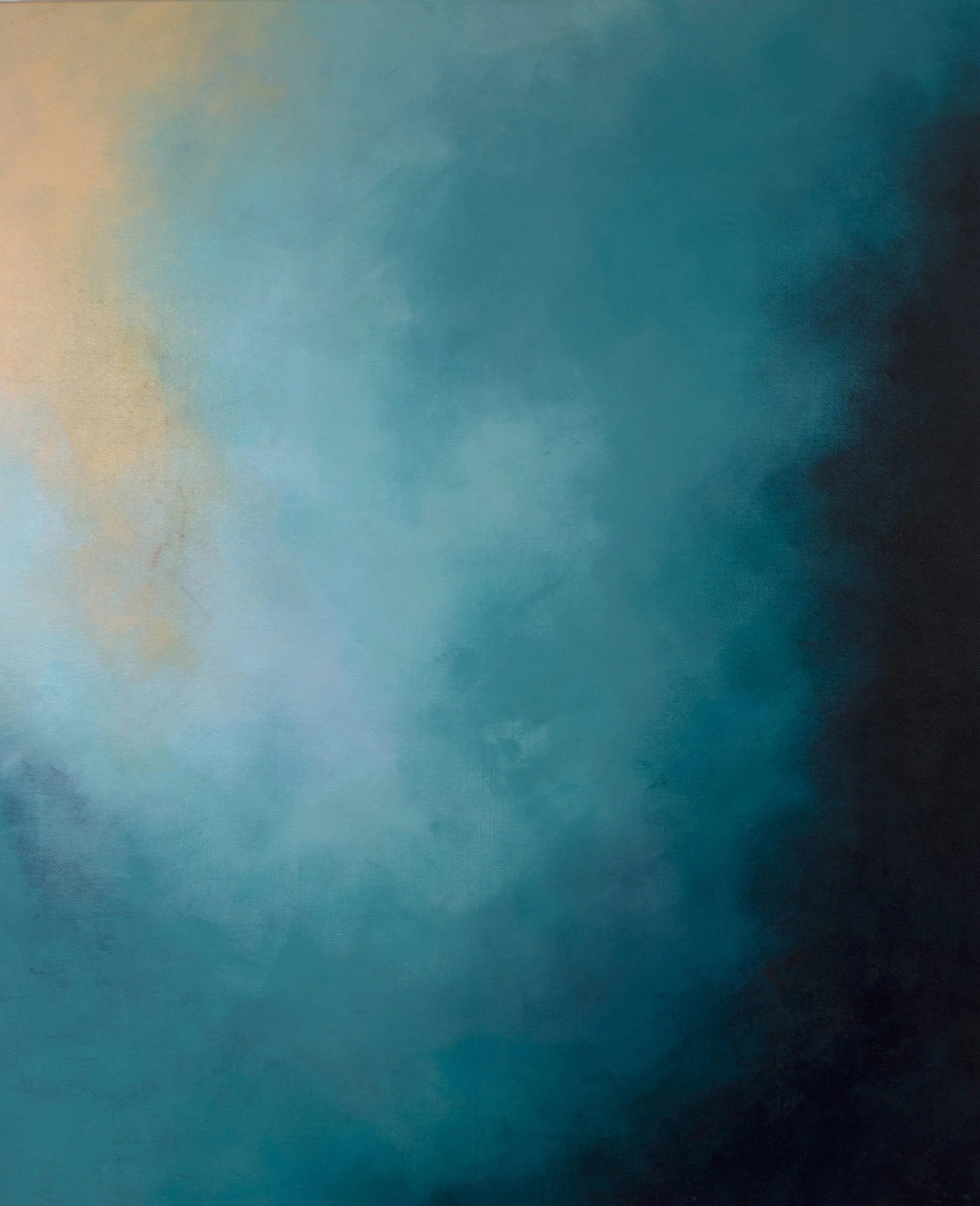 Original abstract painting "In the Morning Very Early" by Jennifer Morris, featuring soft washes of teal, seafoam green, and warm pink with atmospheric layered textures