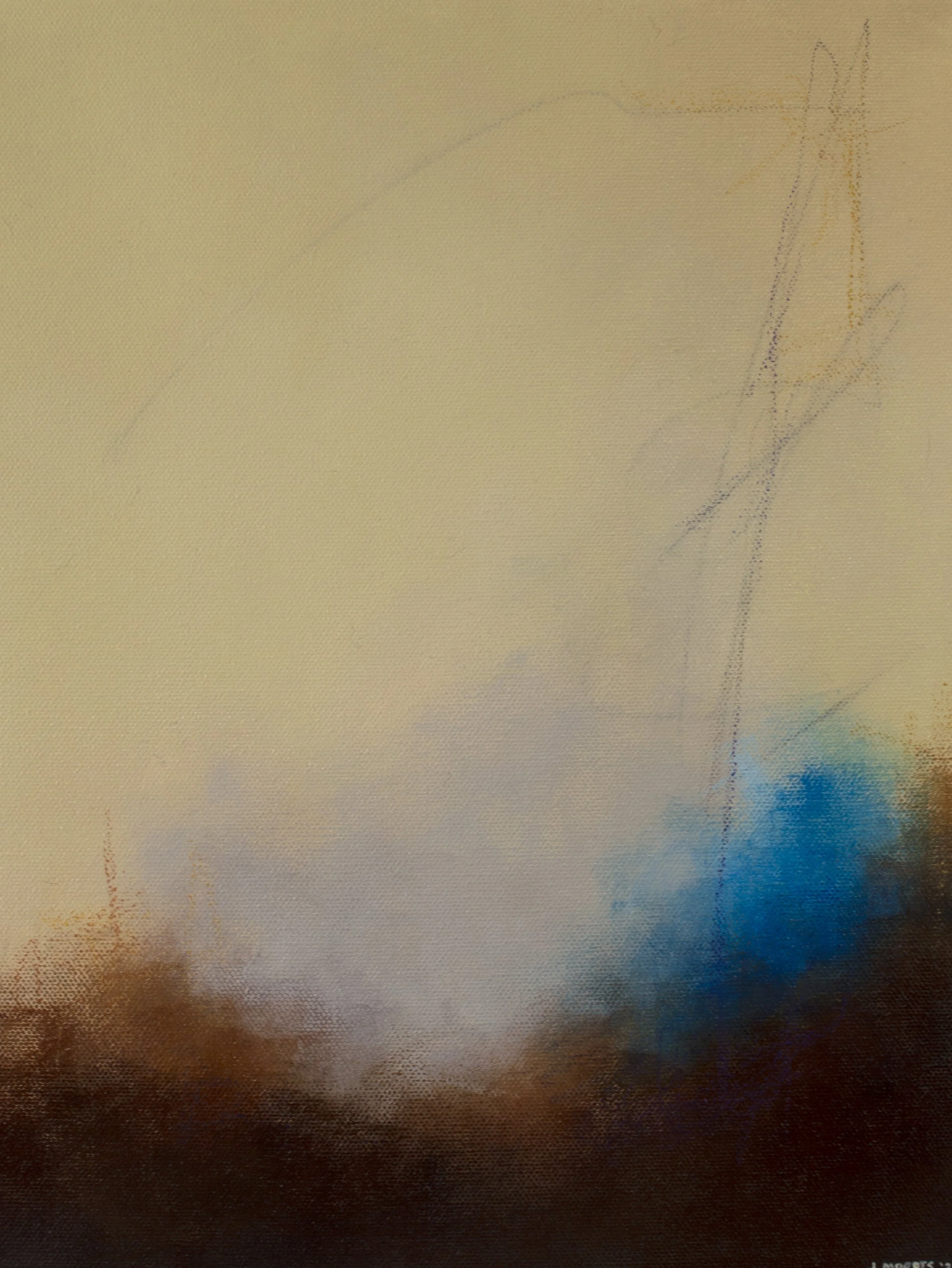 "Hayfield" — original abstract painting by Jennifer Morris in warm beige and cream tones with earthy burnt sienna at the base, cerulean blue emerging at lower right, and fine gestural lines suggesting windblown grasses