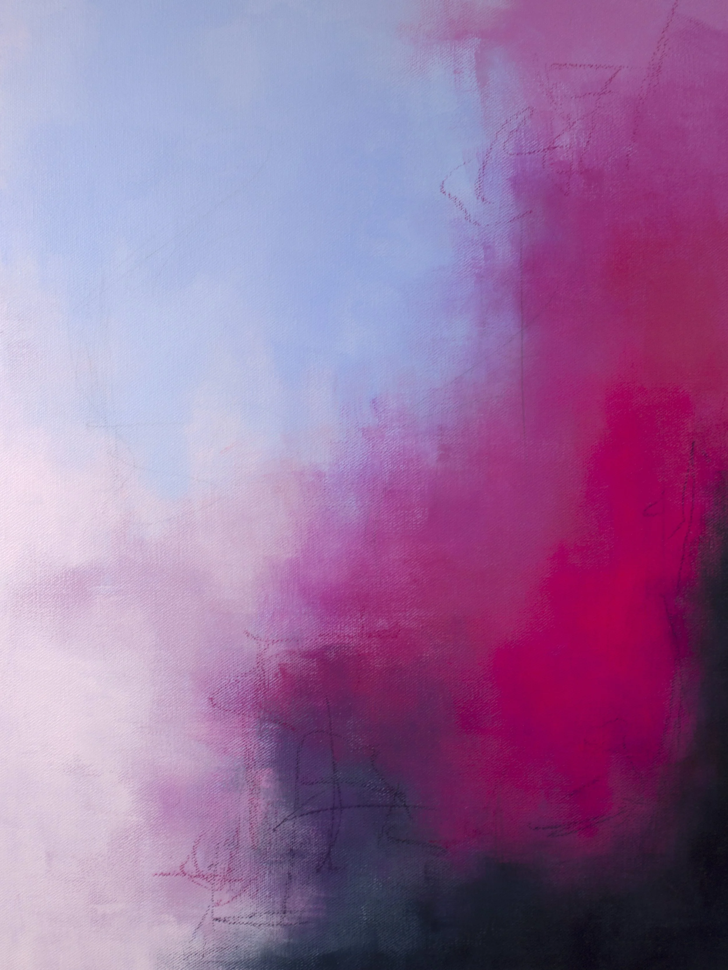 "Slightly Alive" — original abstract painting by Jennifer Morris in soft periwinkle blue and pale lavender with intense magenta-crimson blooming from the right, grounded by smoky charcoal and muted plum, fragile and haunting