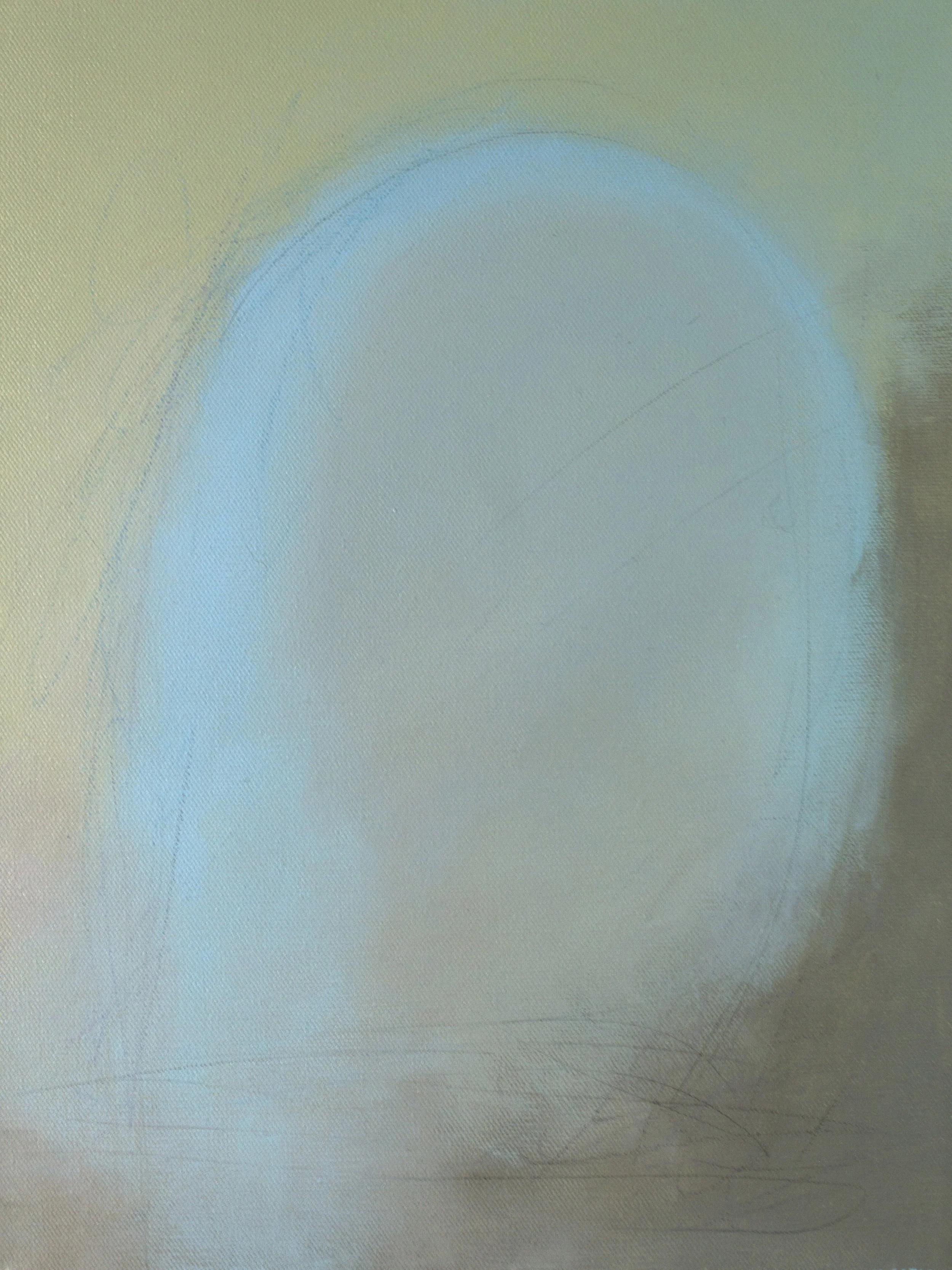 "Concrete Runner" — original abstract painting by Jennifer Morris featuring a soft-edged pale blue oval floating against a muted sage green and warm cream background, with faint pencil marks and a meditative, airy quality