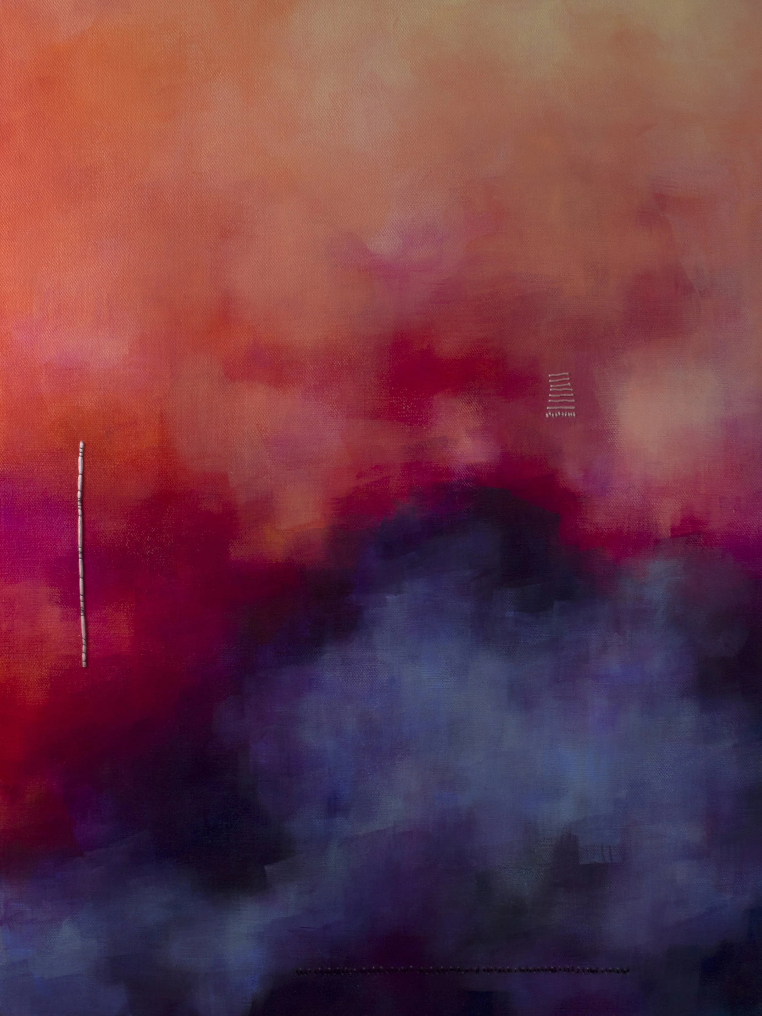 "Downhill" — original abstract painting by Jennifer Morris with dramatic layers of coral orange, fiery red, and hot pink above deep indigo and blue-violet, with delicate white stitched marks adding tactile detail