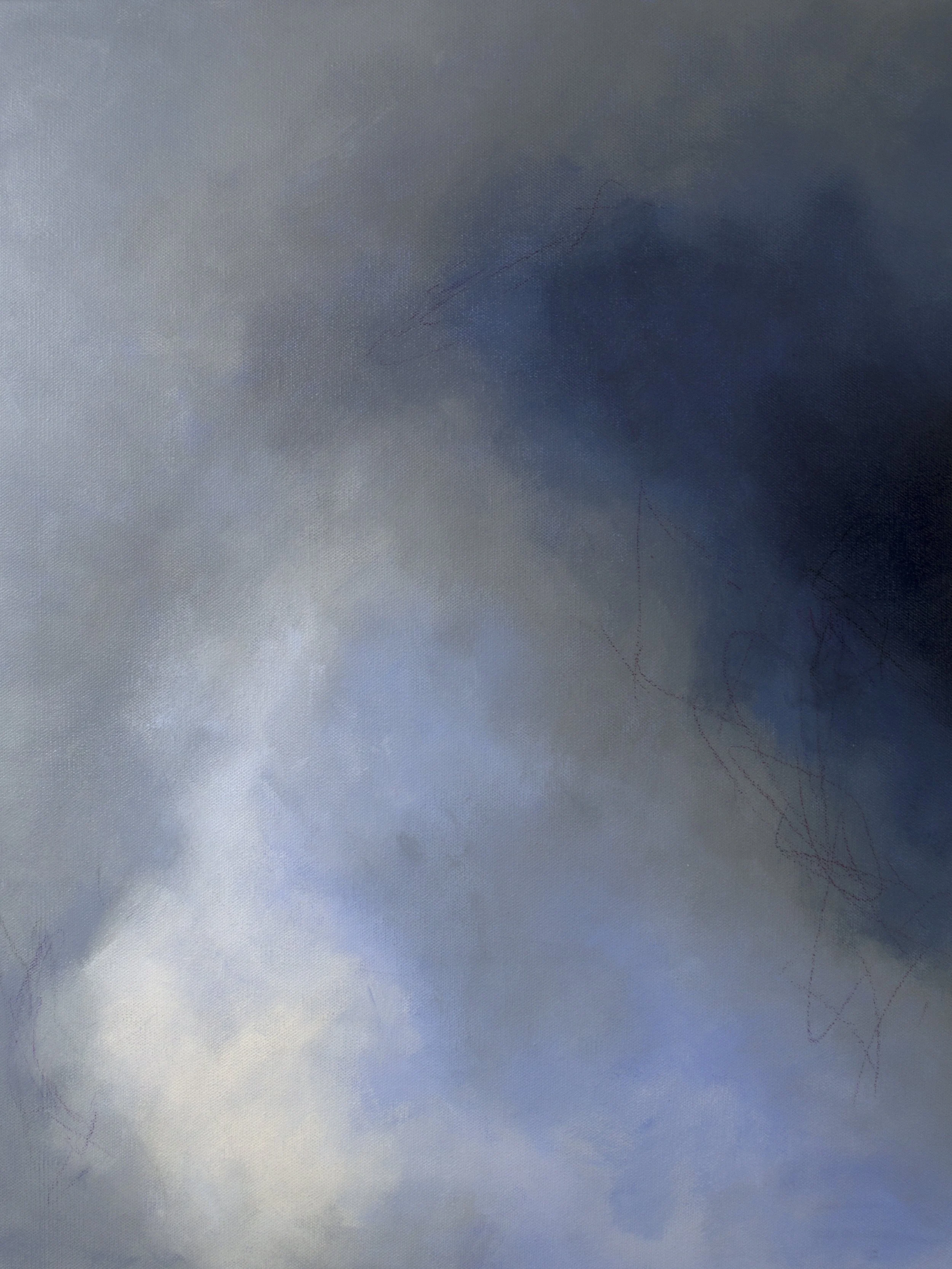 "Cloud Country" — original abstract painting by Jennifer Morris with atmospheric washes of steel blue, slate gray, and deep indigo, with luminous cream light breaking through and delicate reddish-purple thread-like lines across the surface