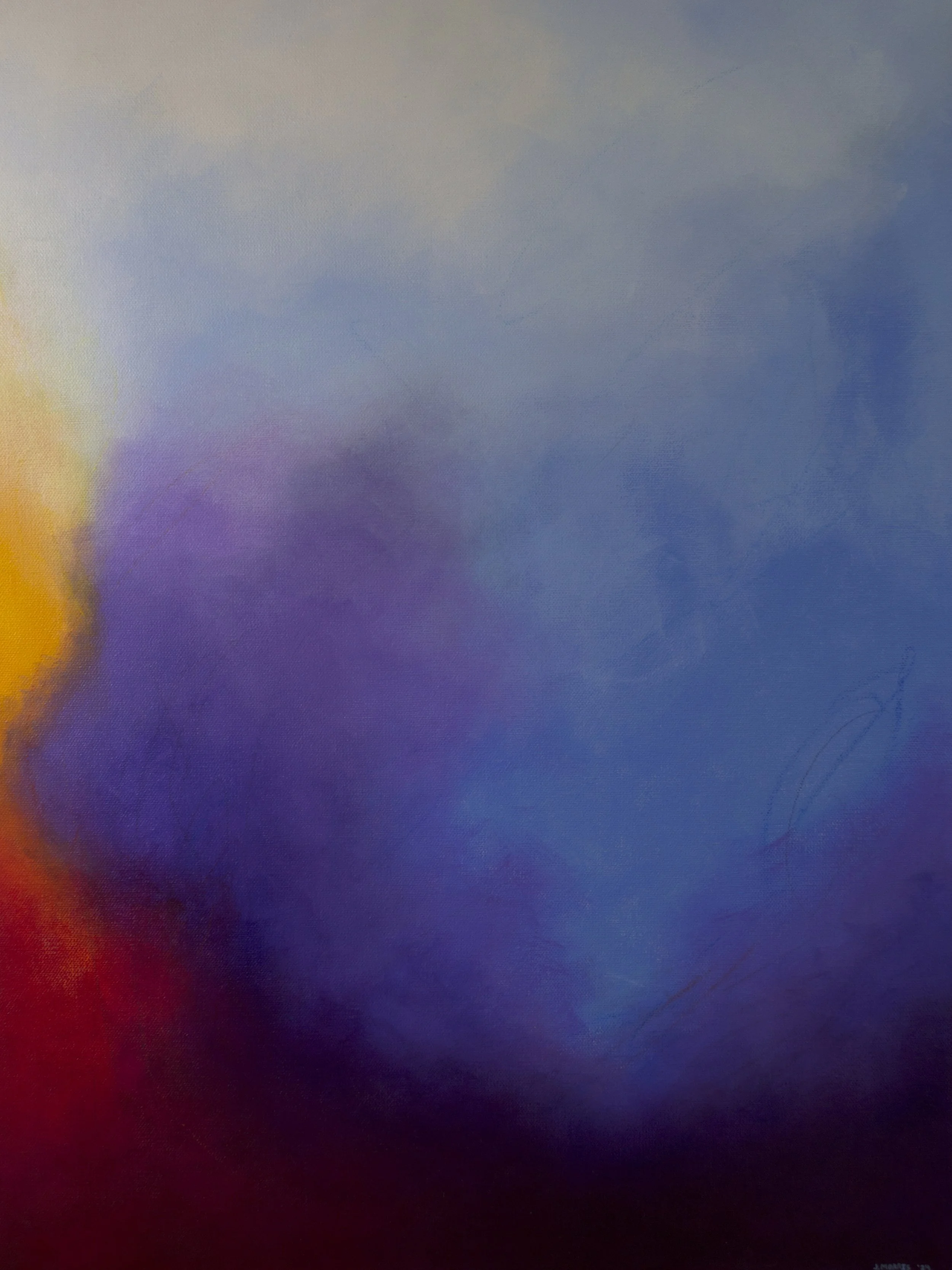 "Running at the Edge" — original abstract painting by Jennifer Morris dominated by expansive silvery-blue and cobalt fields with warm crimson and golden-amber light emerging from the lower left, contemplative and quietly emotional