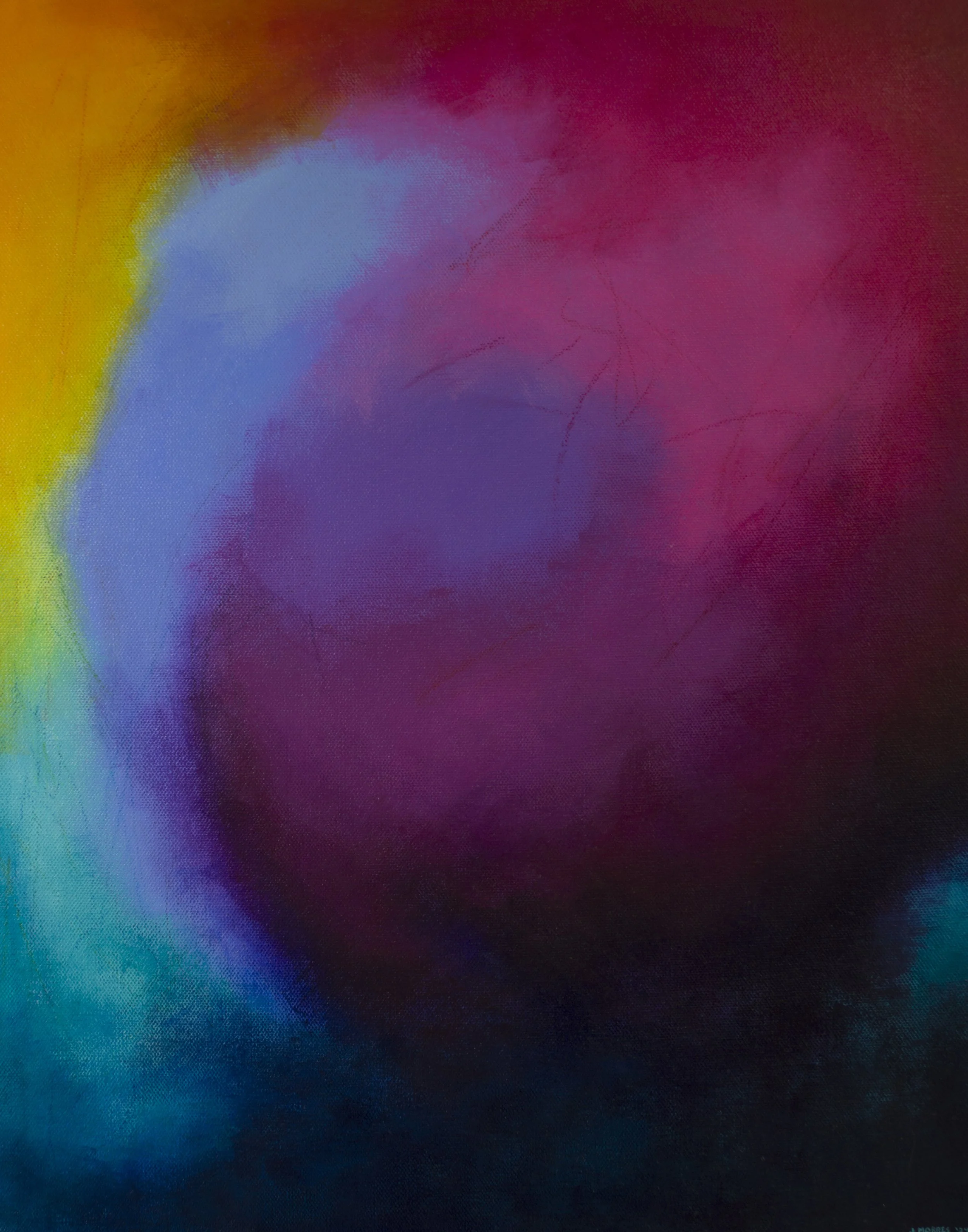 "Hurricane" — original abstract painting by Jennifer Morris with a swirling vortex of saturated color including magenta, golden yellow, vivid cyan, and deep violet-purple, evoking the dramatic energy of a storm