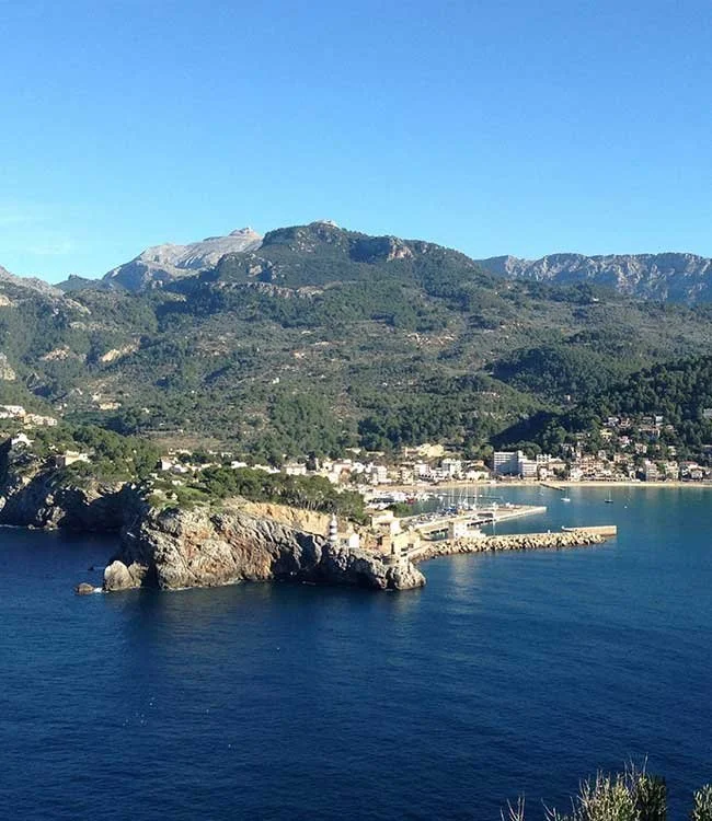 Port de Sóller harbour and coastline, Mallorca, near Campo restaurant