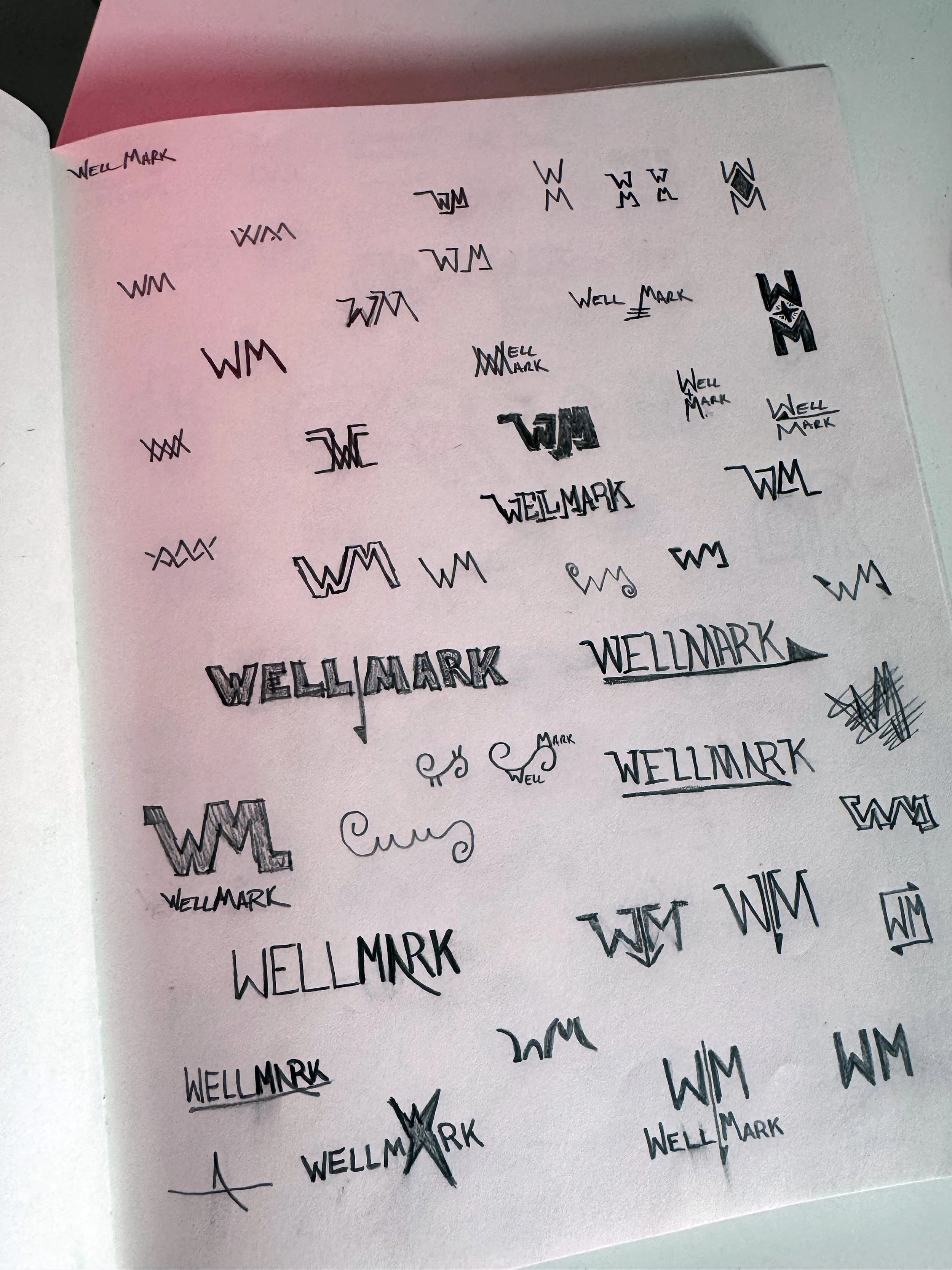 An image of sketches of WellMark logo design.
