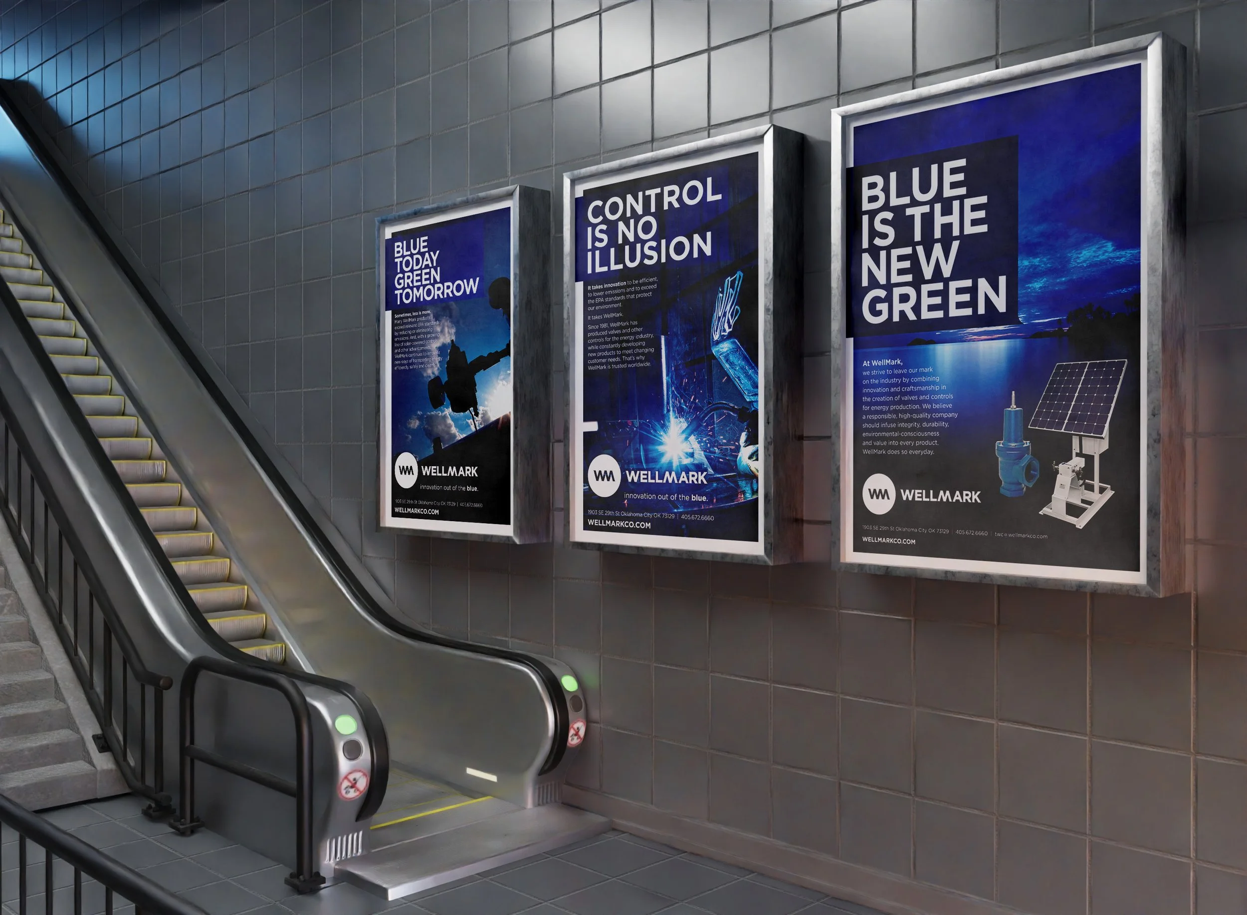 An image of WellMark rebranding print ads in subway tunnel.